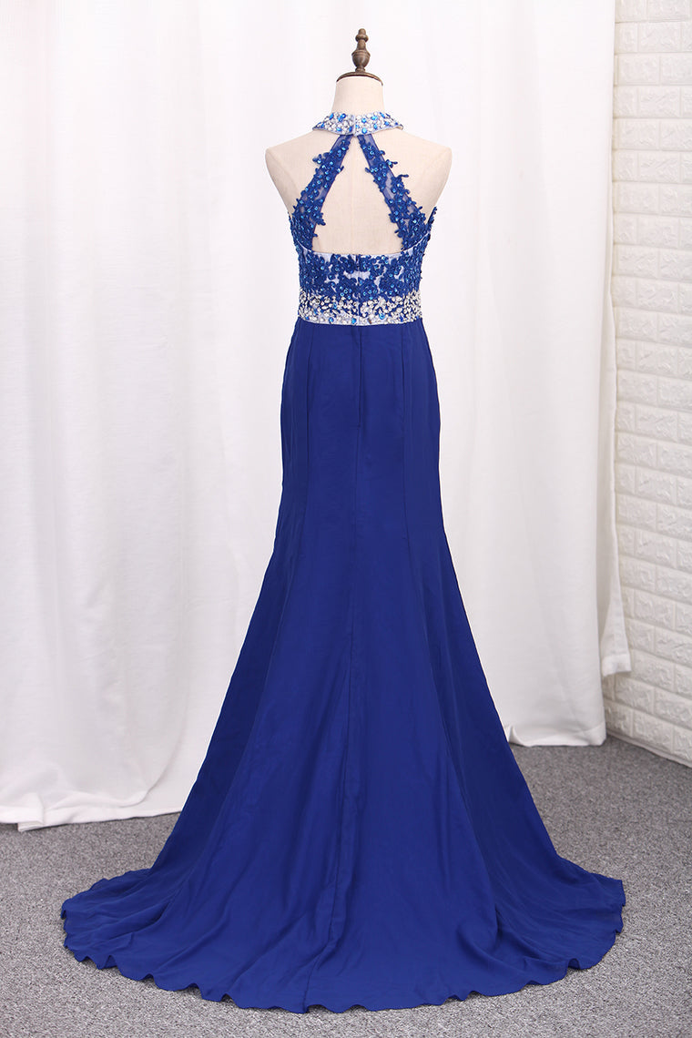 2024 Prom Dresses Mermaid Scoop Chiffon With Applique And Slit