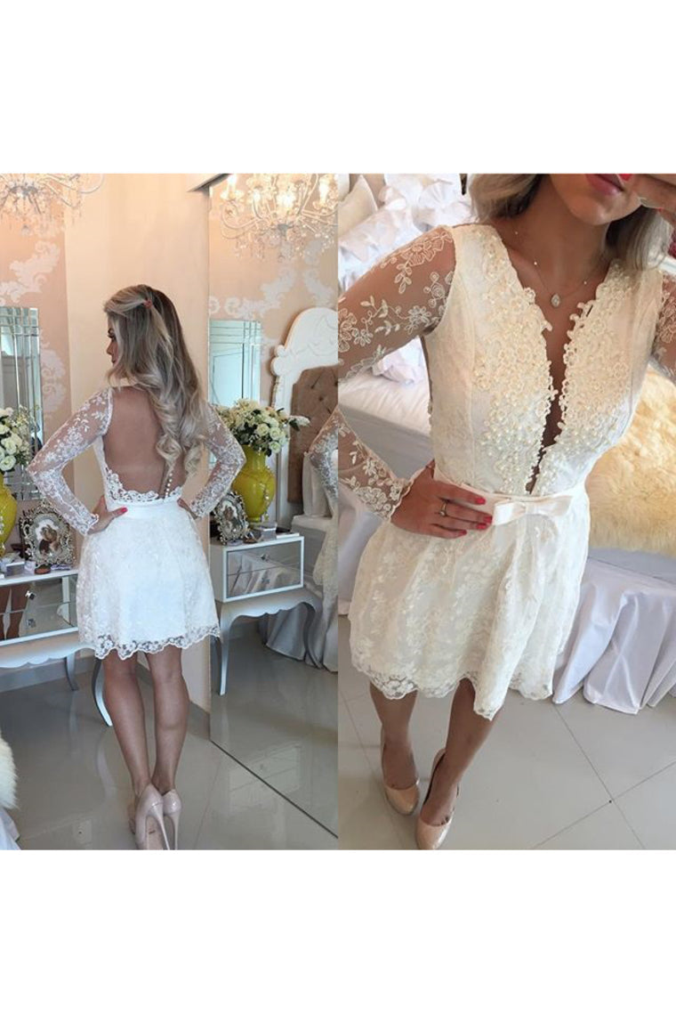 2024 Lace V Neck A Line Homecoming Dresses Long Sleeves Lace With Applique