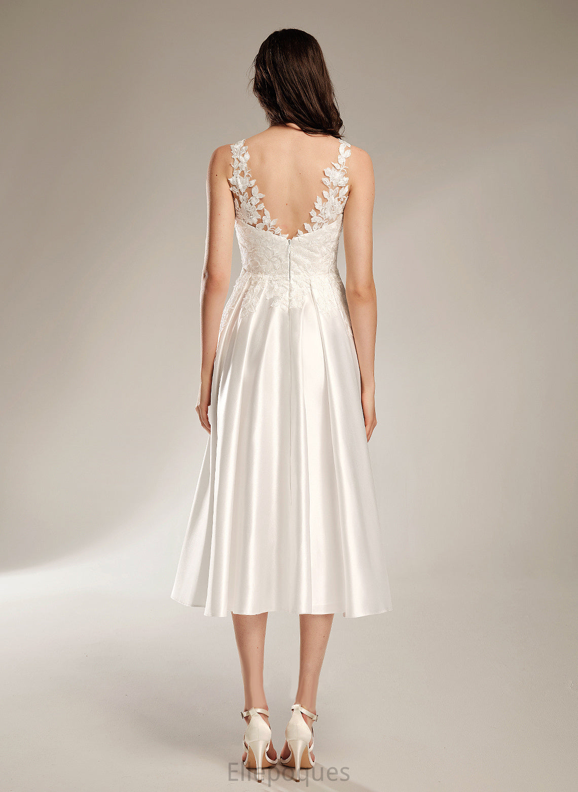 Tea-Length Dress Wedding Wedding Dresses V-neck Satin A-Line Alayna Lace