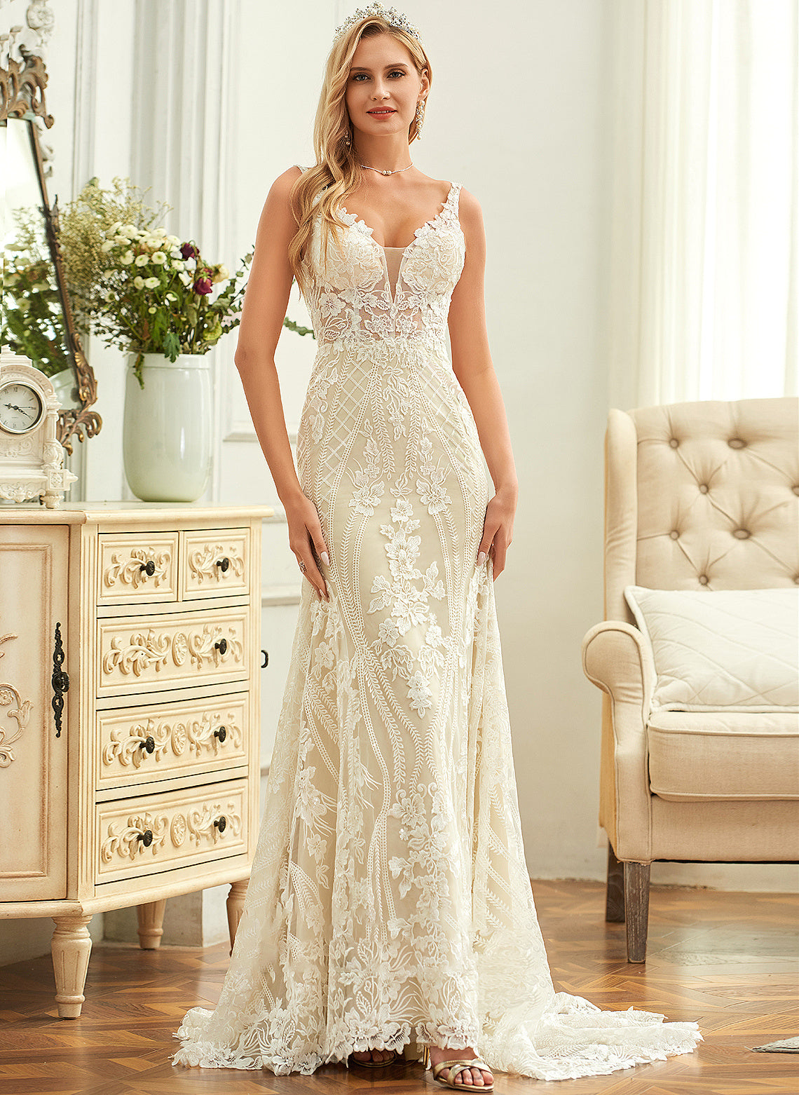 Lace Dress Trumpet/Mermaid Wedding Dresses Paulina Tulle Train Court V-neck Wedding