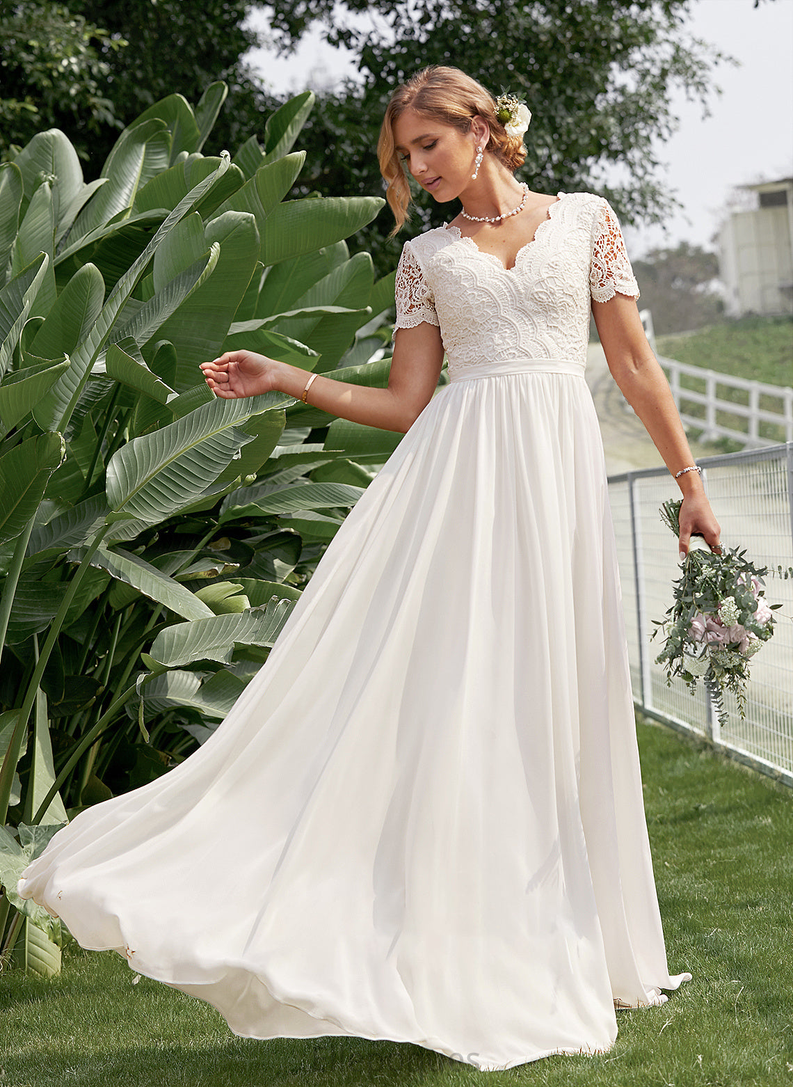 Addyson Floor-Length Lace Wedding Dresses A-Line Chiffon V-neck Wedding Dress