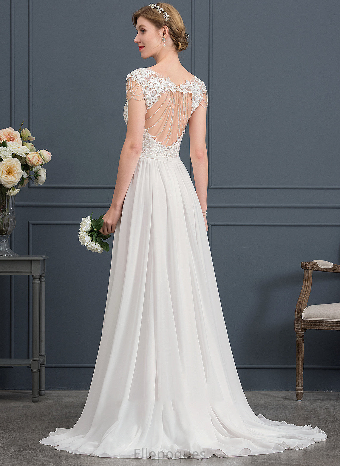 A-Line Wedding Dresses With Wedding Dress Train Beading Sweep Sequins Skyla Chiffon V-neck