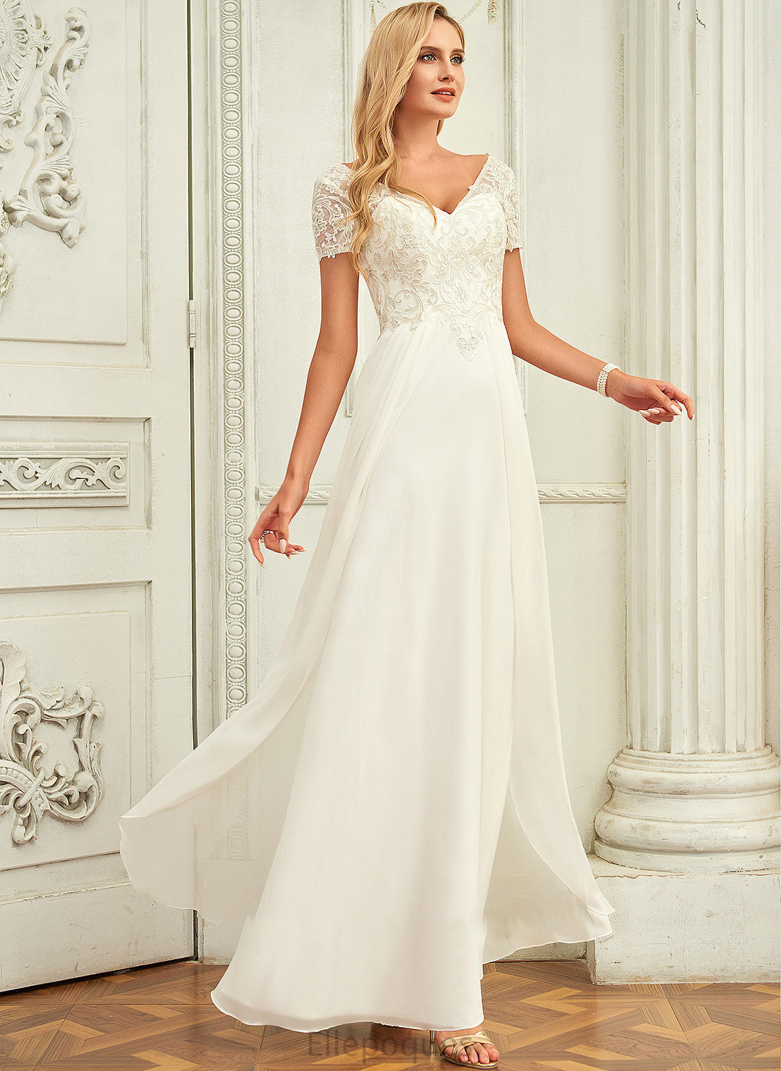 Jazmin Wedding V-neck Chiffon Wedding Dresses Lace A-Line Dress Lace Floor-Length With