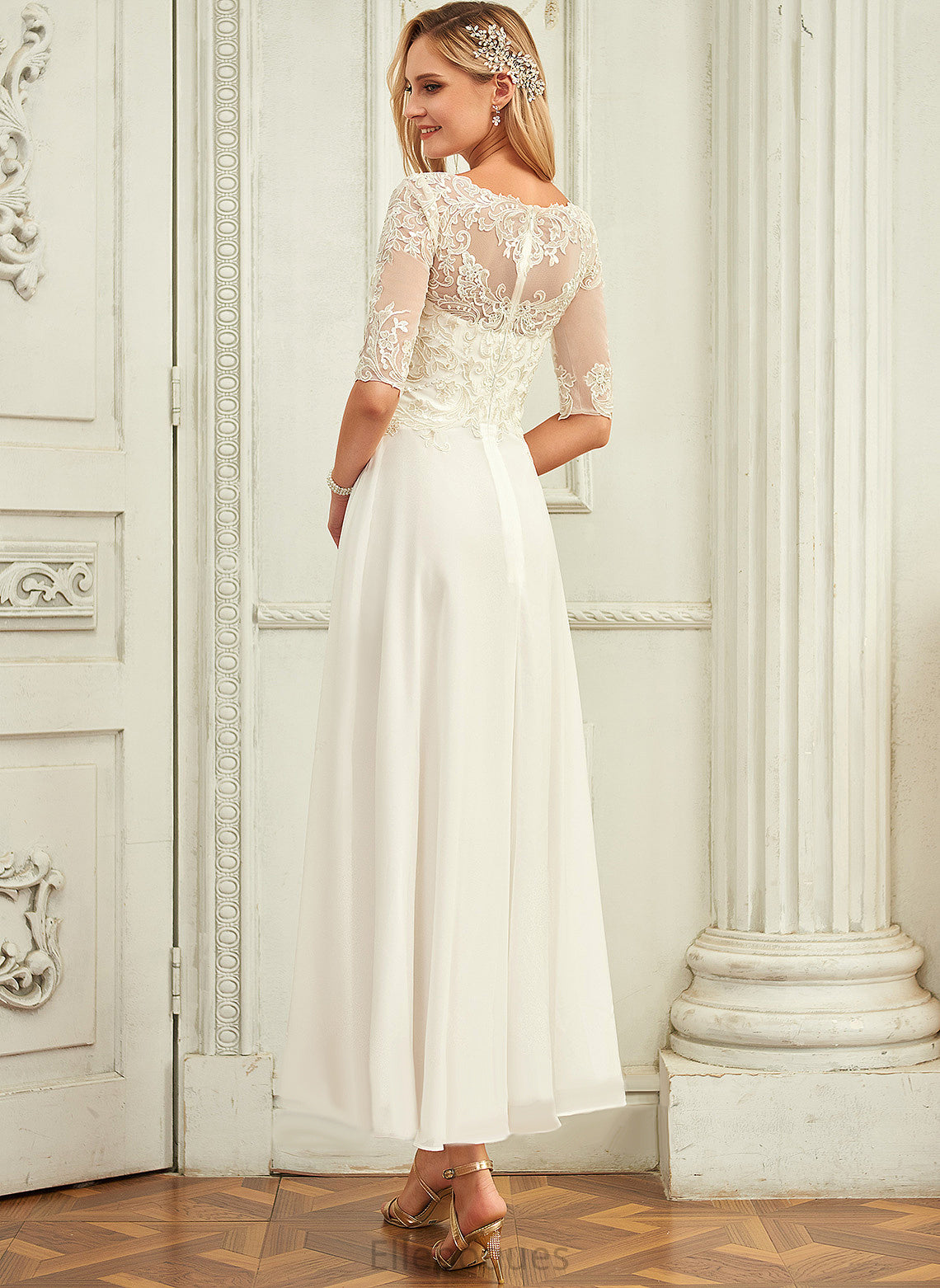 Sequins Dress Wedding Asymmetrical Beading With A-Line Lace Chiffon Fatima Wedding Dresses Scoop