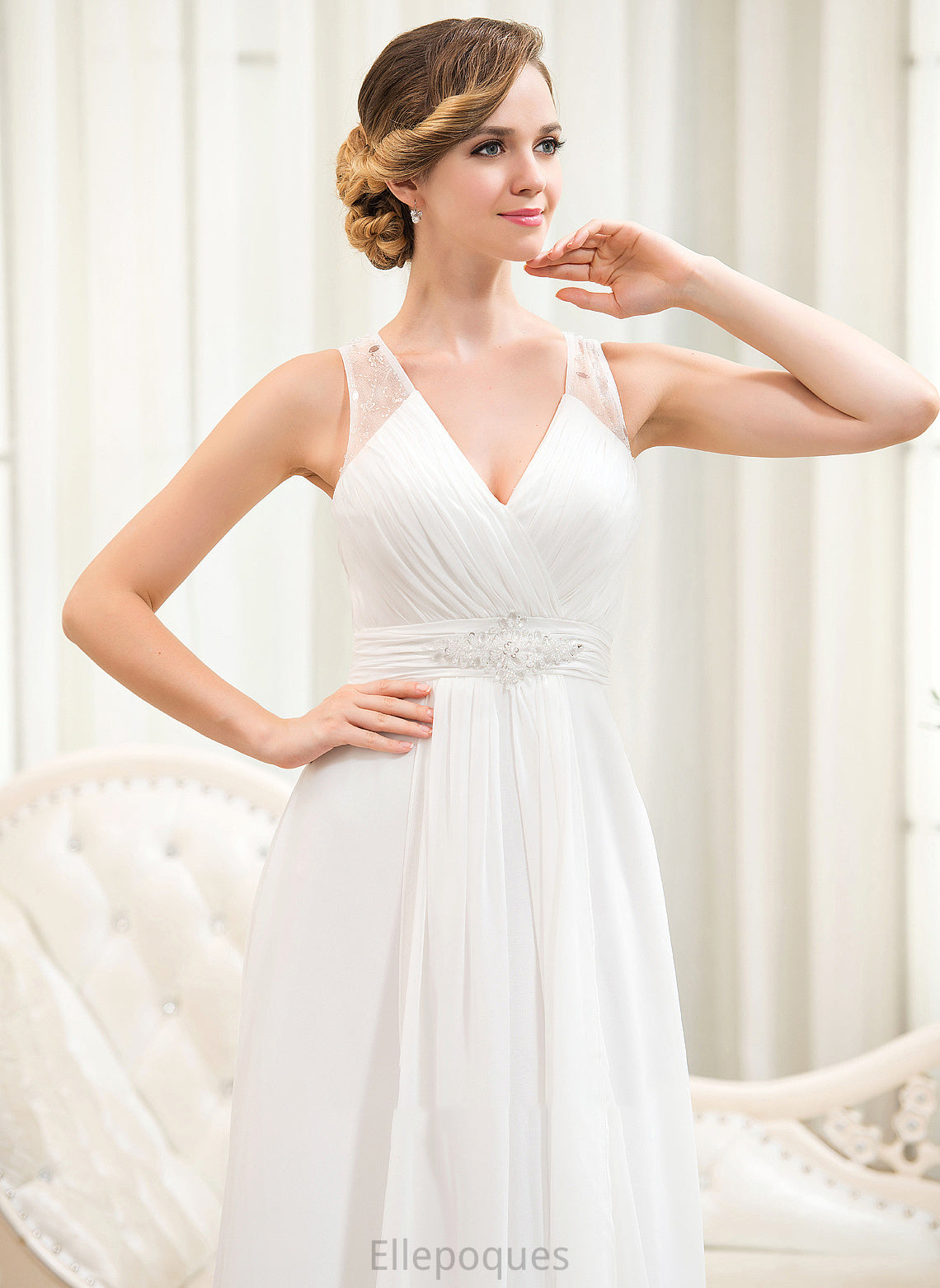 V-neck Beading With Wedding Sequins Ruffles A-Line Train Lesly Sweep Dress Chiffon Wedding Dresses Cascading