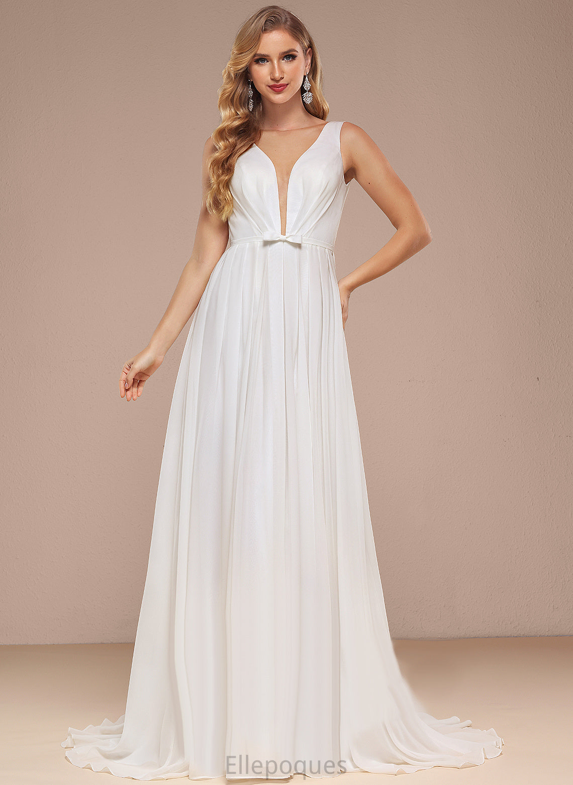 With Train Wedding V-neck Chiffon Wedding Dresses Dress Bow(s) A-Line Pat Sweep