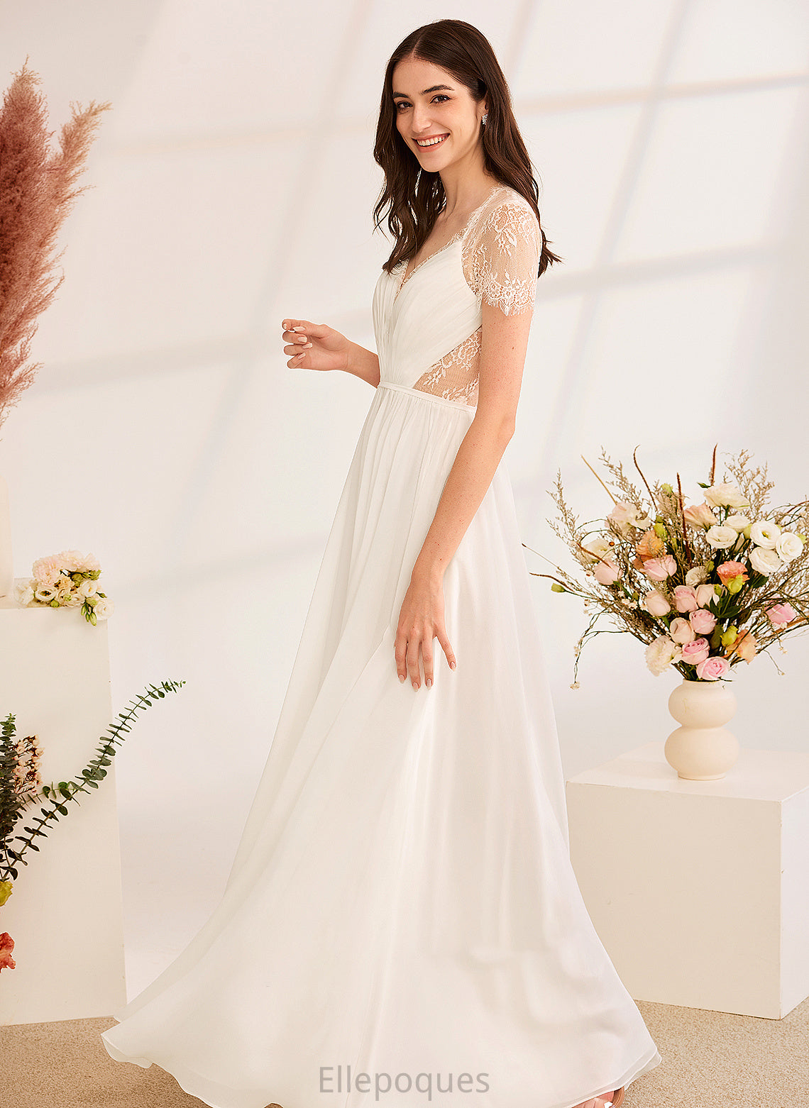 Setlla A-Line V-neck Wedding Dresses Wedding With Dress Floor-Length Ruffle