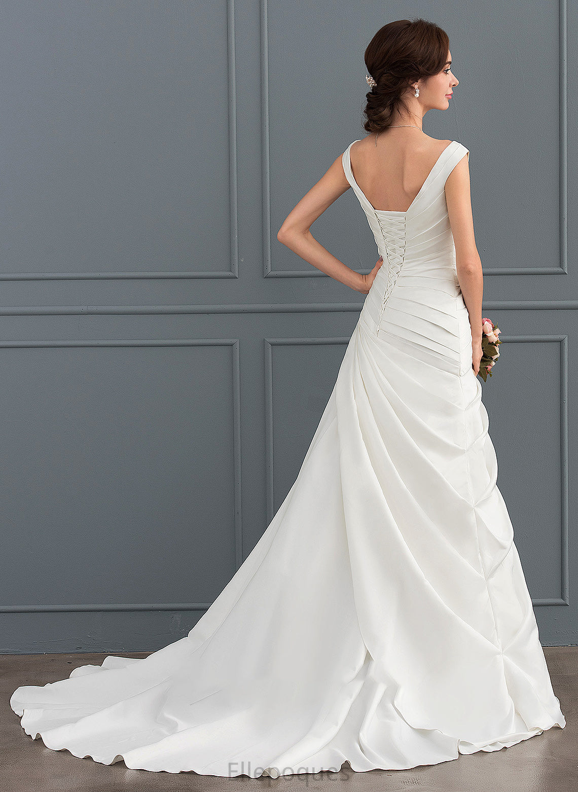 Aniyah A-Line Wedding Dresses With Beading Court V-neck Train Wedding Satin Dress