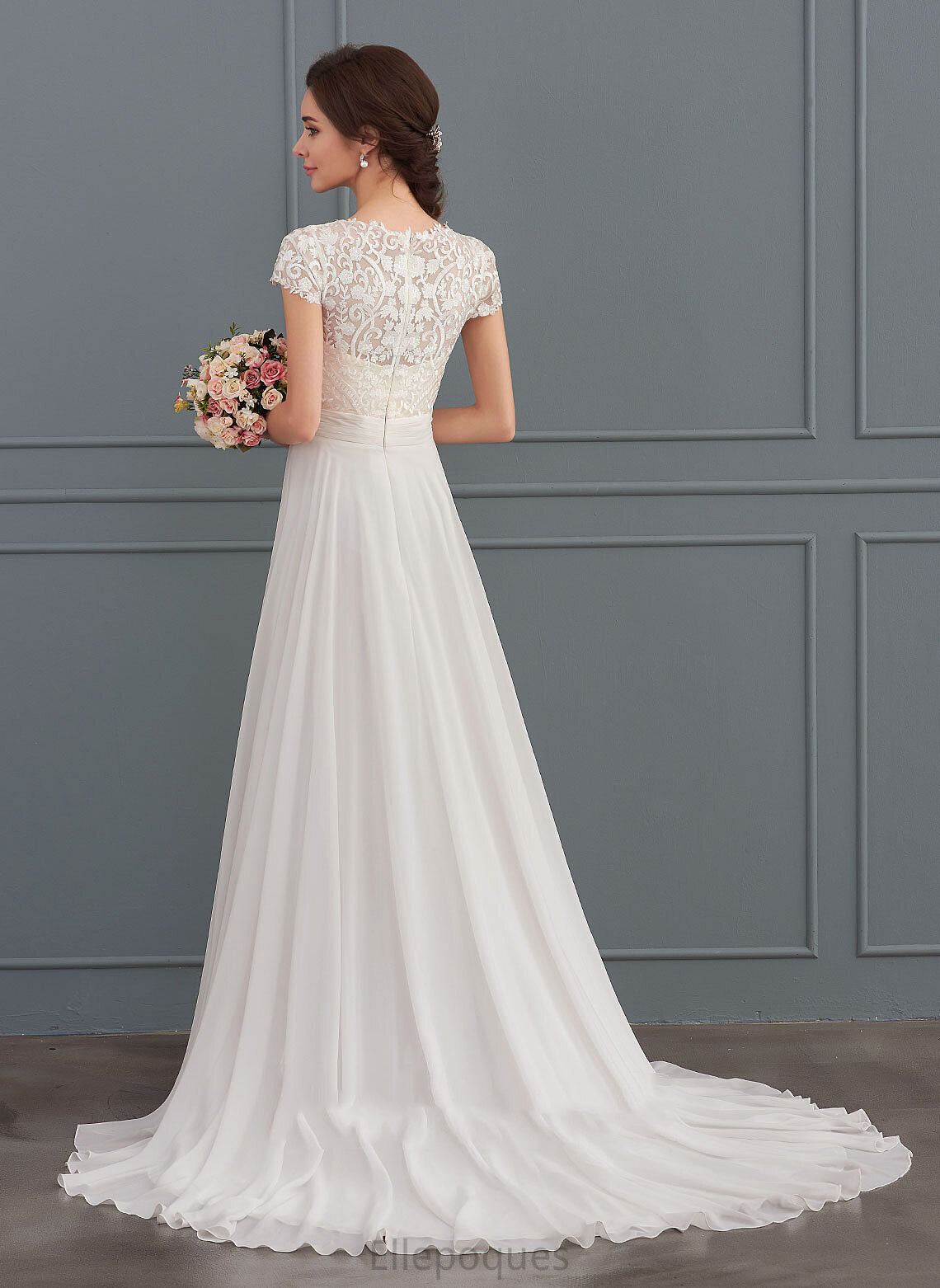 Nina Wedding V-neck Wedding Dresses Train With Sweep Ruffle Dress A-Line Lace Chiffon