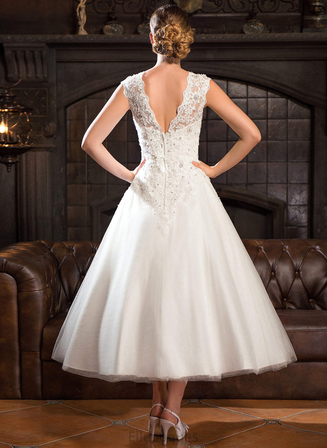 Wedding Dress Lace Neck Scoop Beading With Sequins Tulle Wedding Dresses Kimberly Ball-Gown/Princess Tea-Length