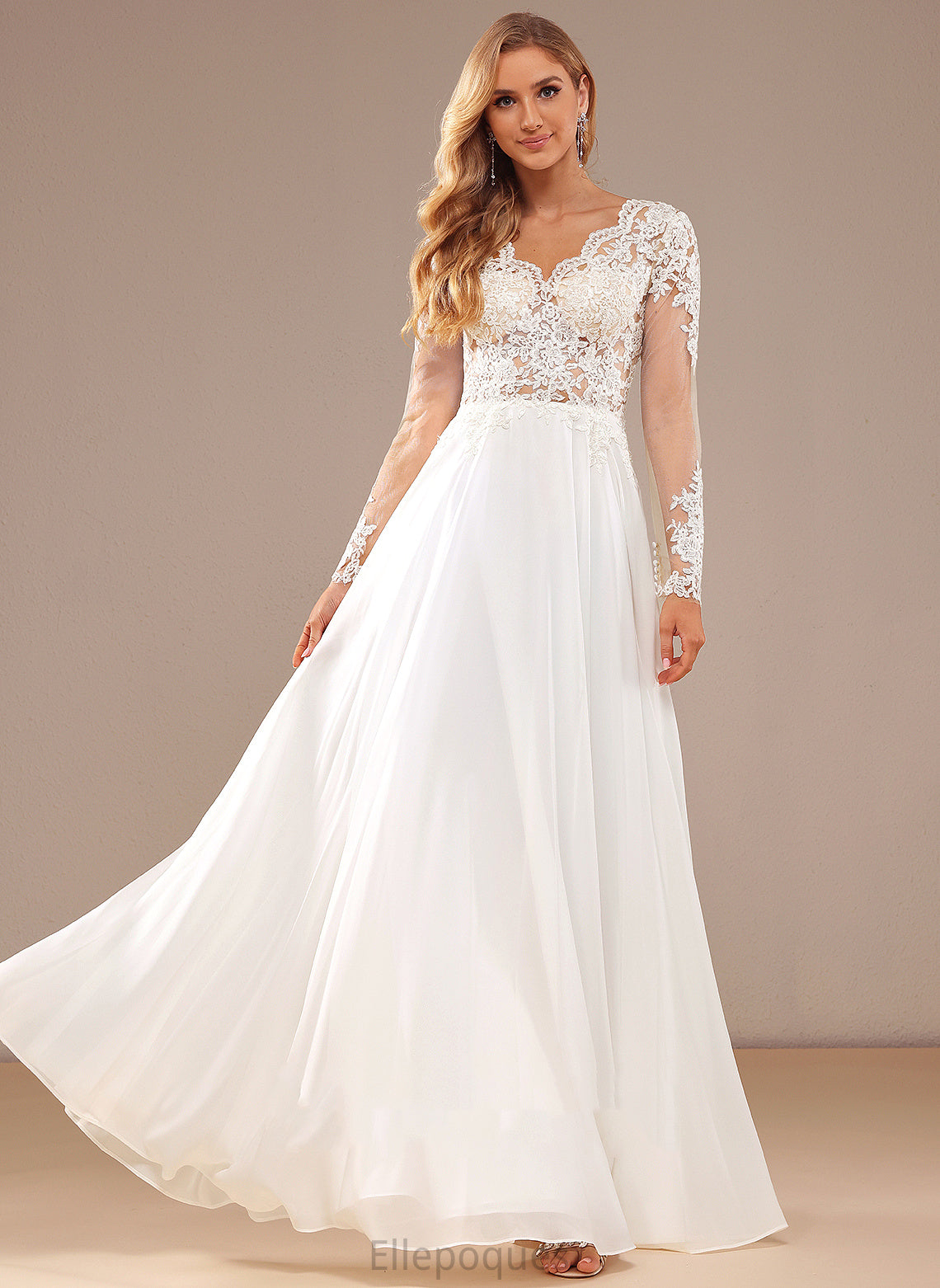 Sequins A-Line Dress Wedding Dresses V-neck Floor-Length Lace Chiffon Lace Wedding Ashlynn With