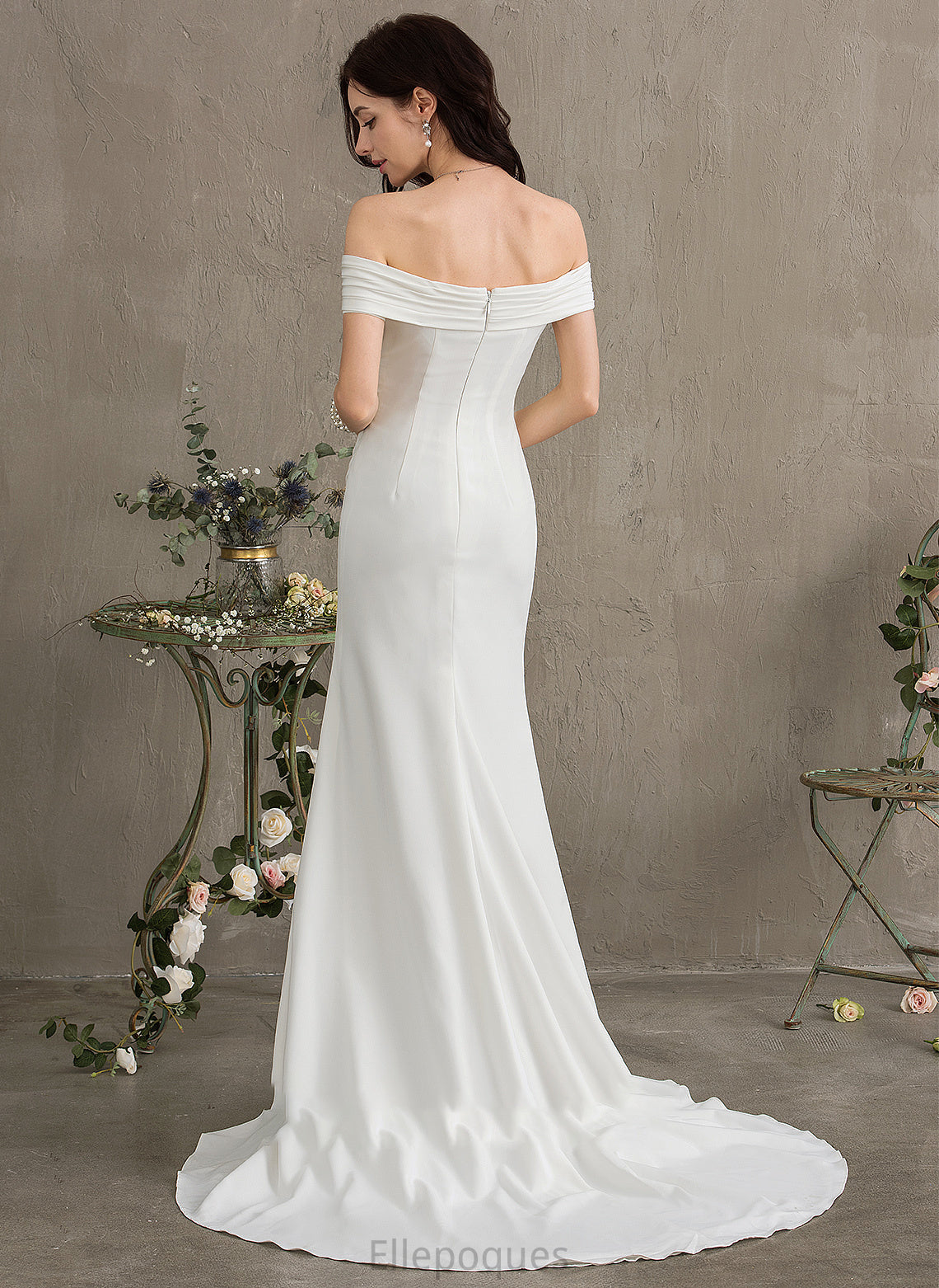 Dress Melinda Off-the-Shoulder Stretch Crepe With Sheath/Column Front Split Wedding Dresses Ruffle Wedding Sweep Train