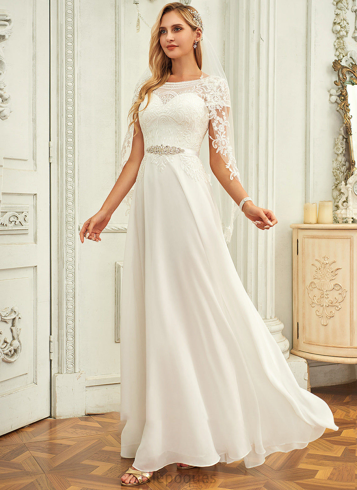 Neck Lace Floor-Length Wedding Dresses Wedding Sequins Chiffon With Scoop Dress Sloane A-Line