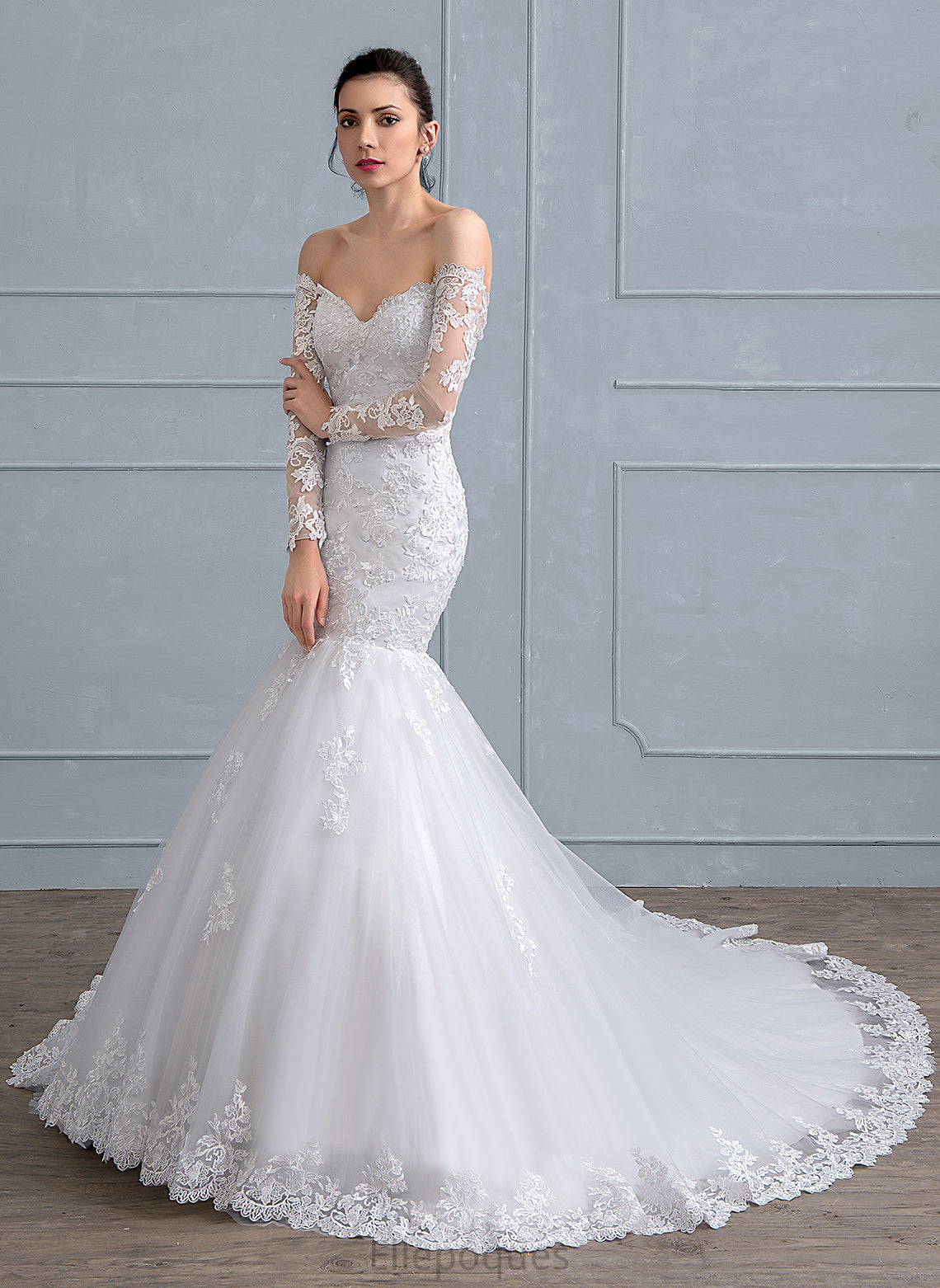 Train Wedding Beading Court Dress With Trumpet/Mermaid Wedding Dresses Camryn Lace Tulle Sequins Off-the-Shoulder