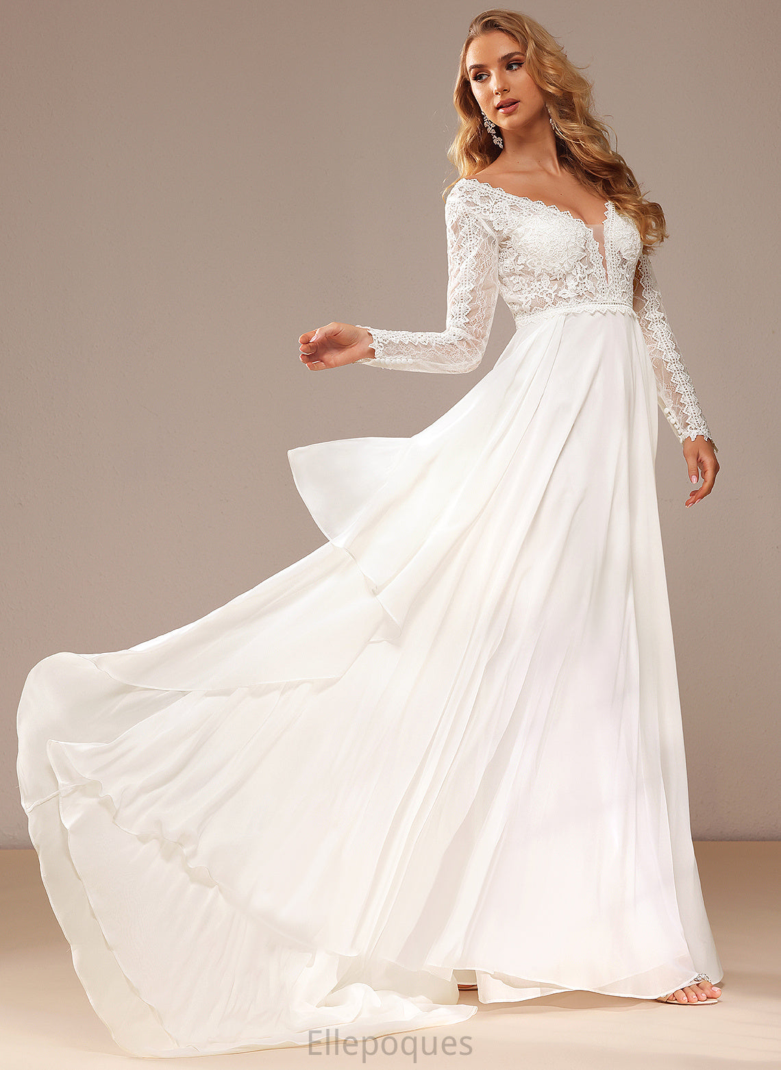 Chiffon Train Wedding Dresses Court Wedding Lace A-Line Dress Lace With Ruffle V-neck Karina