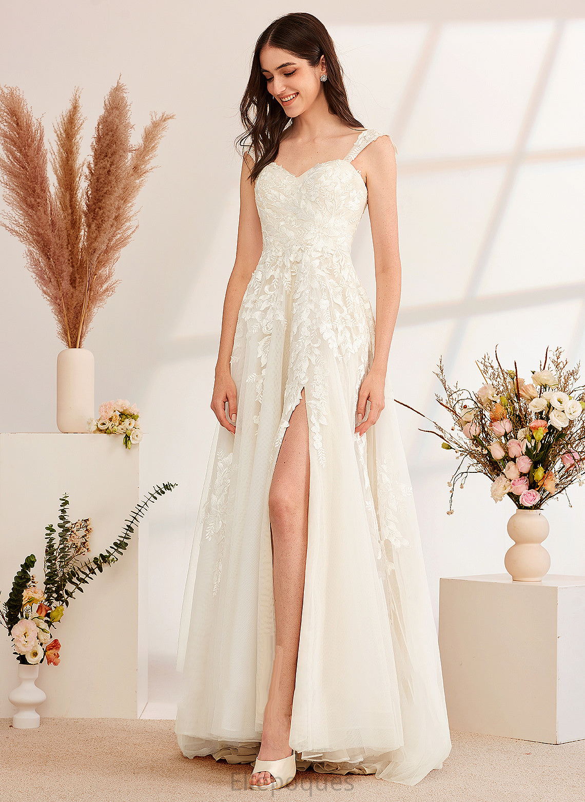 With Wedding Dresses Bethany Wedding Dress Sequins Beading Sweep A-Line Train Off-the-Shoulder