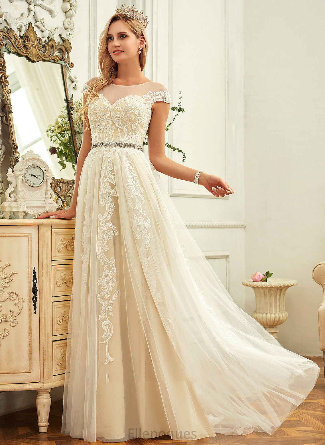 With Ruffle Jaliyah Lace Lace Dress Neck Sweep Train A-Line Tulle Wedding Wedding Dresses Scoop