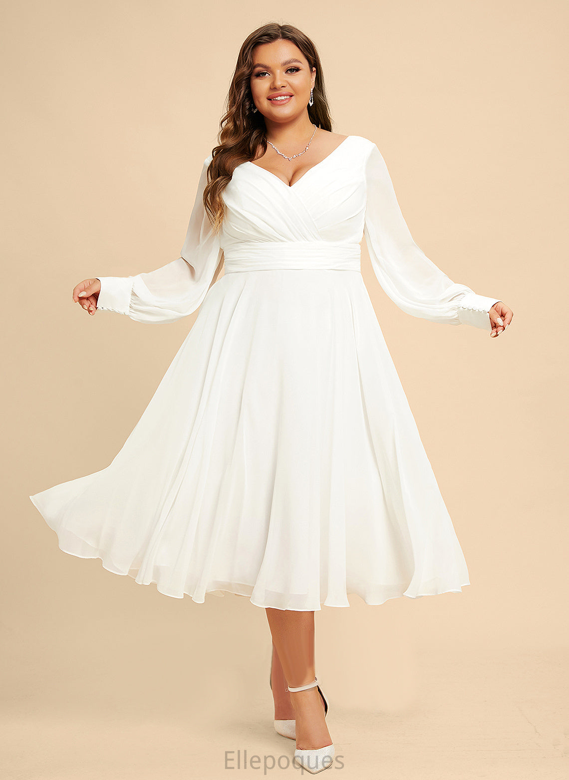 Tea-Length Wedding Dresses V-neck Dayami A-Line Chiffon Wedding Dress