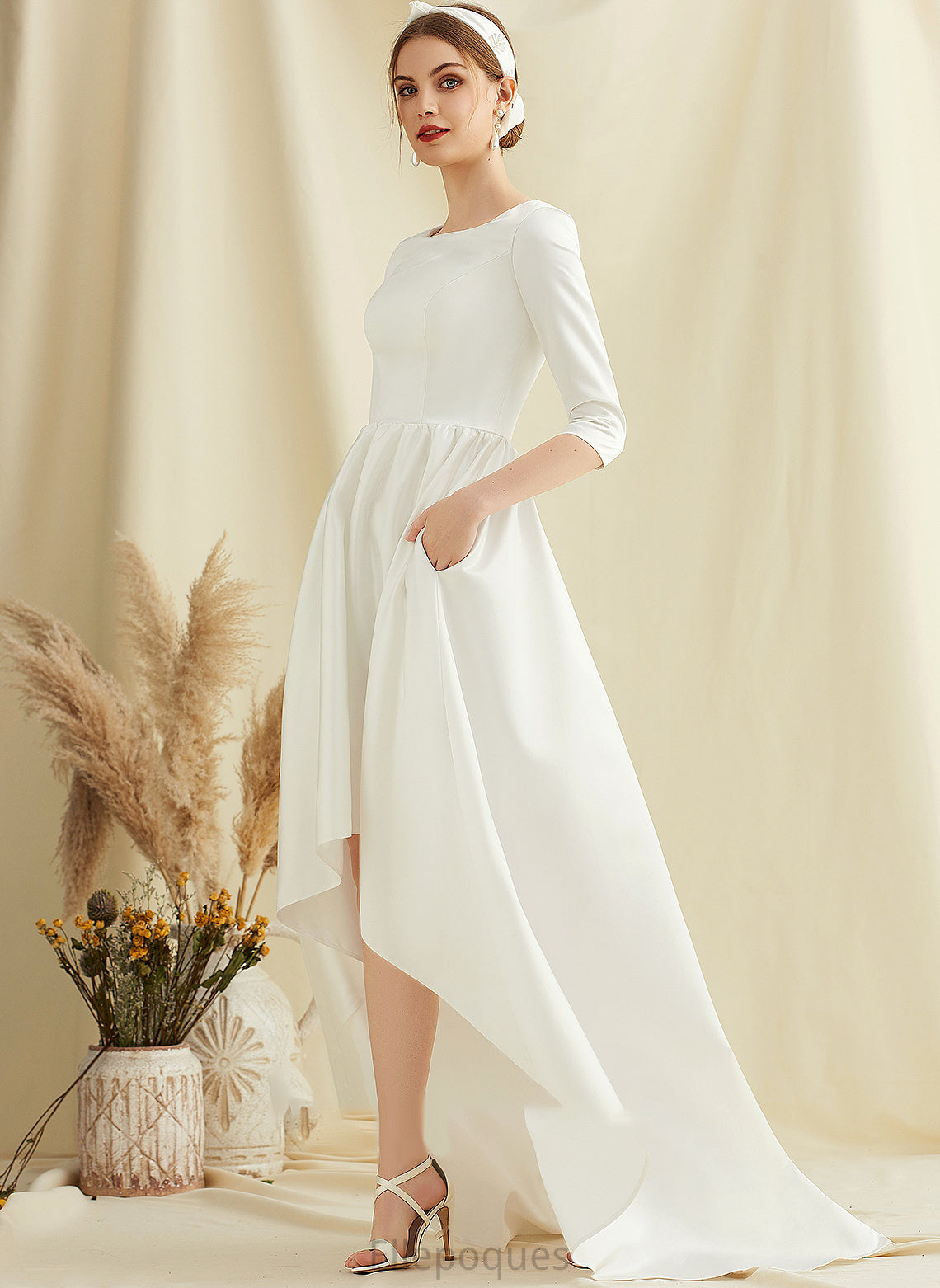 Wedding Dresses A-Line Neck Nyla Scoop Satin Wedding Asymmetrical Dress With Pockets