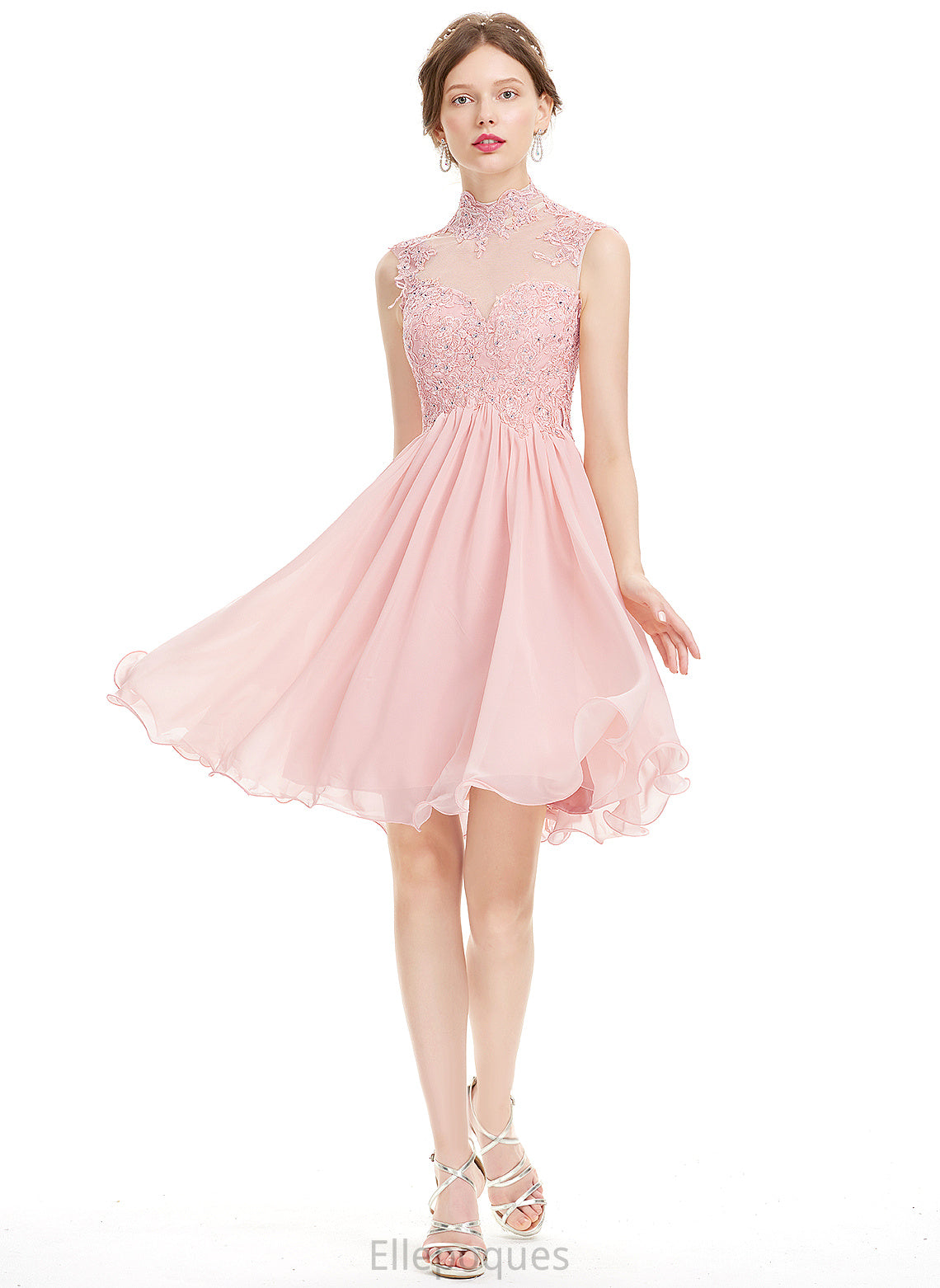 Beading Chiffon Liliana Homecoming Dresses Lace Dress With A-Line High Neck Knee-Length Homecoming