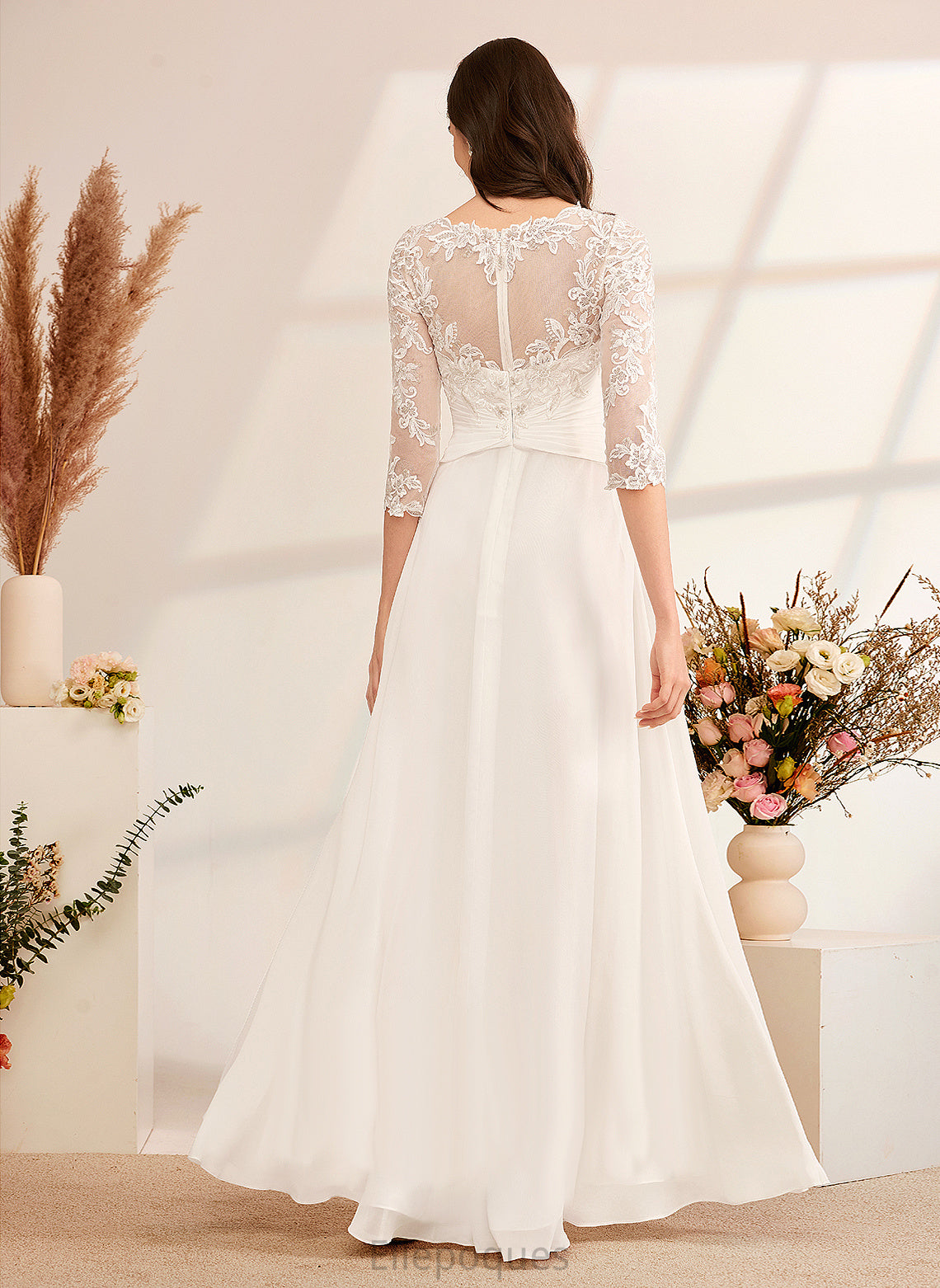 Wedding A-Line Aubrie Lace Floor-Length Ruffle Dress Chiffon Illusion Wedding Dresses With Beading