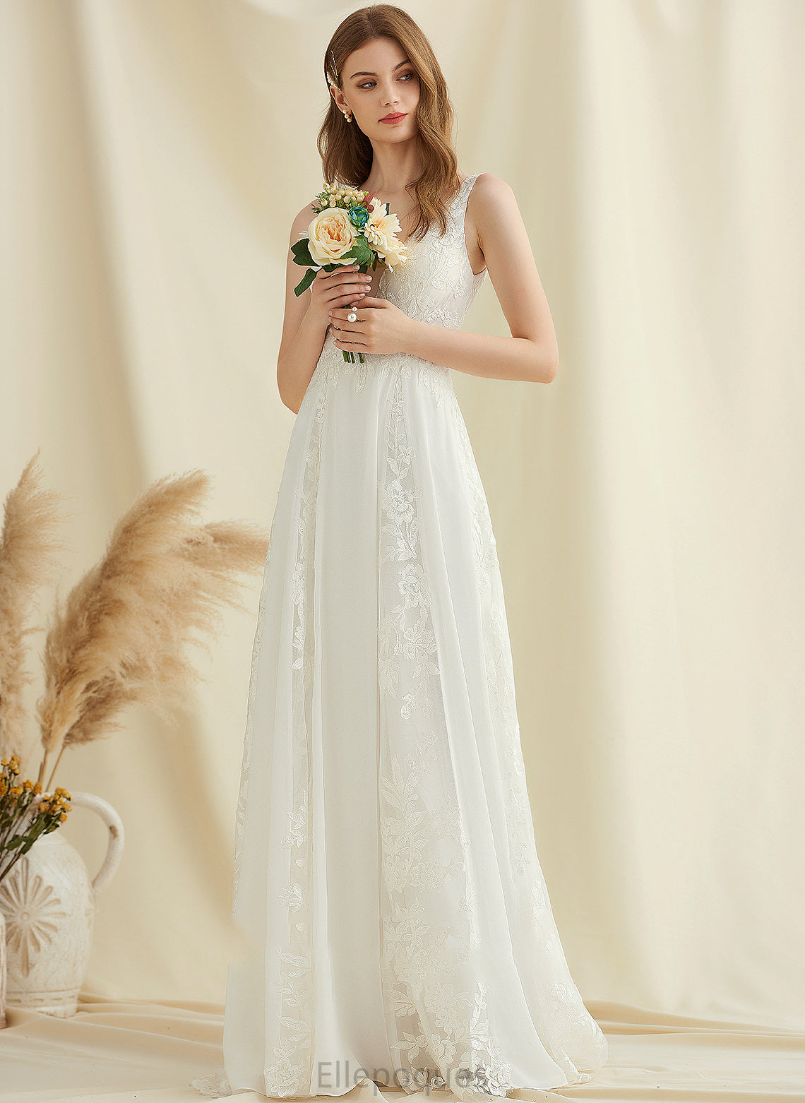 With Sequins A-Line Wedding Dress Wedding Dresses Train Chiffon Sweep Tabitha V-neck Lace