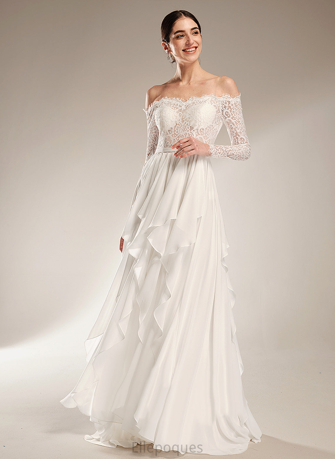 Ruffle Court Dress A-Line Chiffon Off-the-Shoulder Wedding Dresses Wedding Lace With Alissa Train