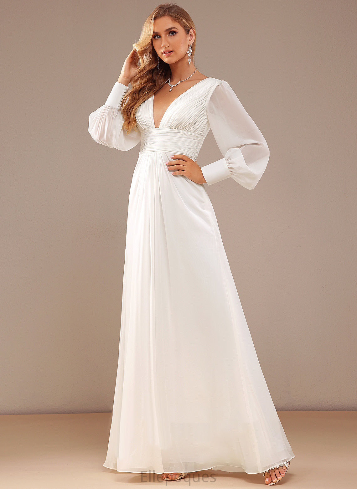 Wedding Wedding Dresses With Dress A-Line Floor-Length Chiffon Ruffle V-neck Helga