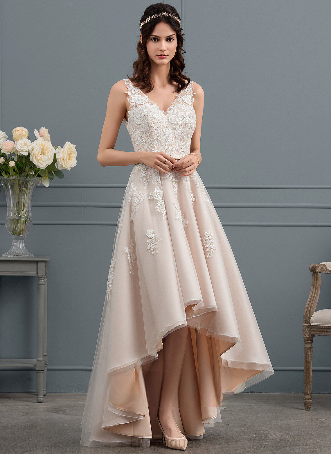 Dress A-Line Bow(s) With Lace Tulle Halle V-neck Wedding Asymmetrical Satin Wedding Dresses