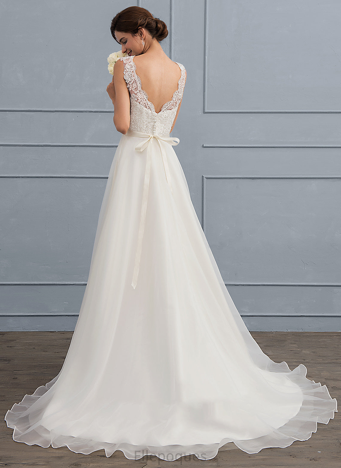 Wedding Dresses Beading With Sweep A-Line Organza V-neck Wedding Dress Bow(s) Cheyenne Train