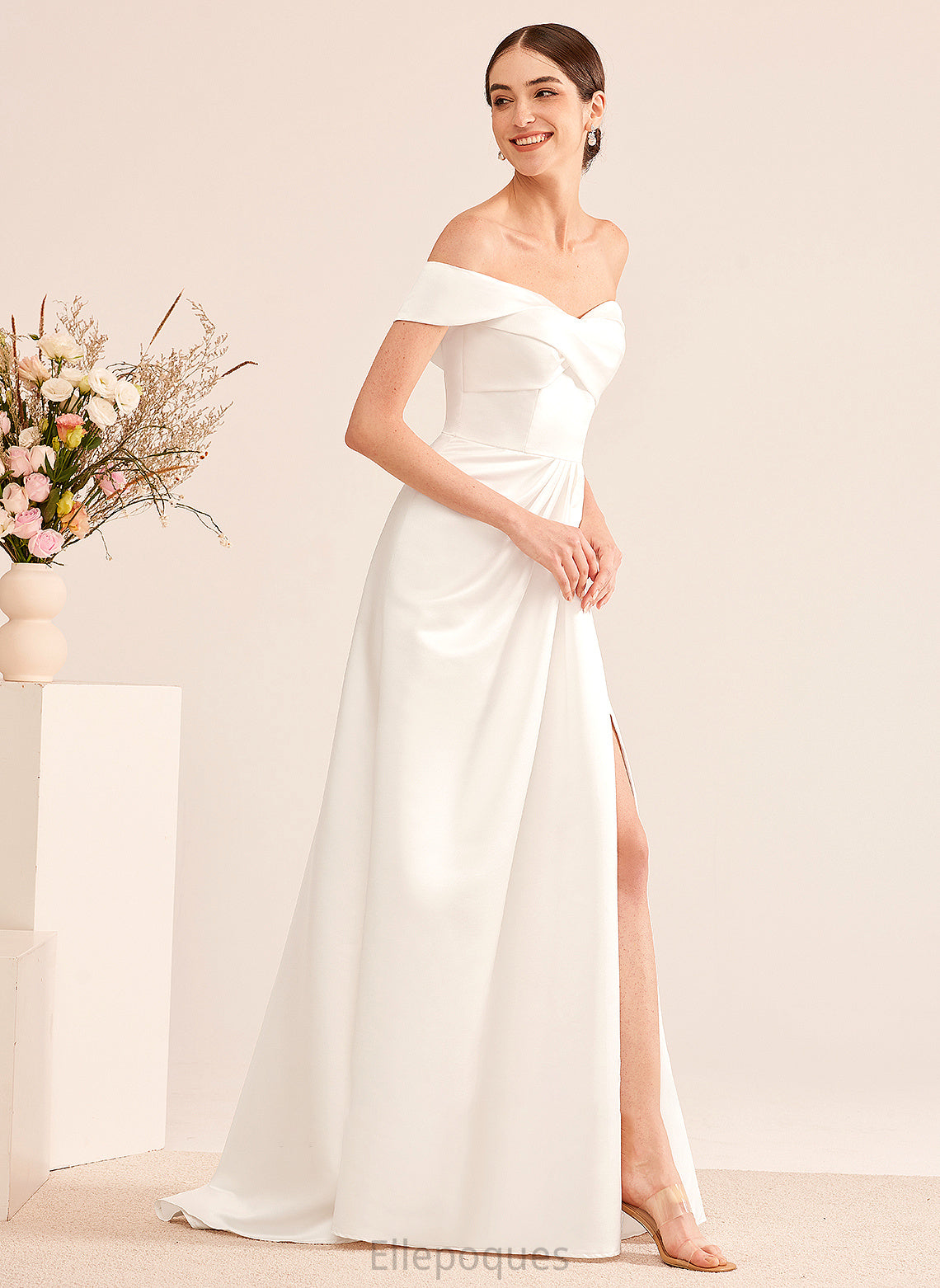 Dress Ruffle Wedding Split With A-Line Sweep Kaleigh Front Wedding Dresses Off-the-Shoulder Train