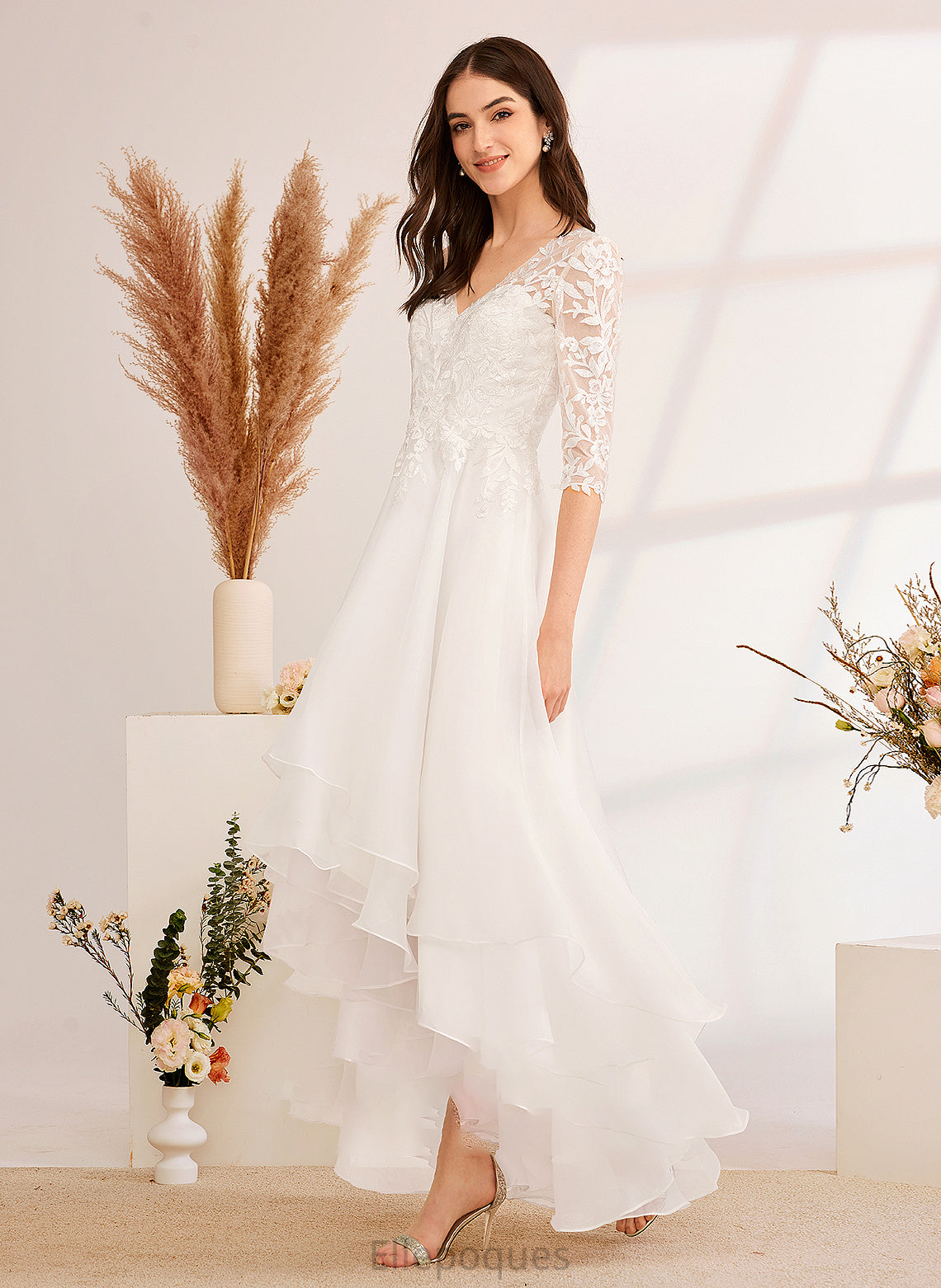 Beading V-neck With Sequins Dress Wedding Asymmetrical Elvira Wedding Dresses A-Line