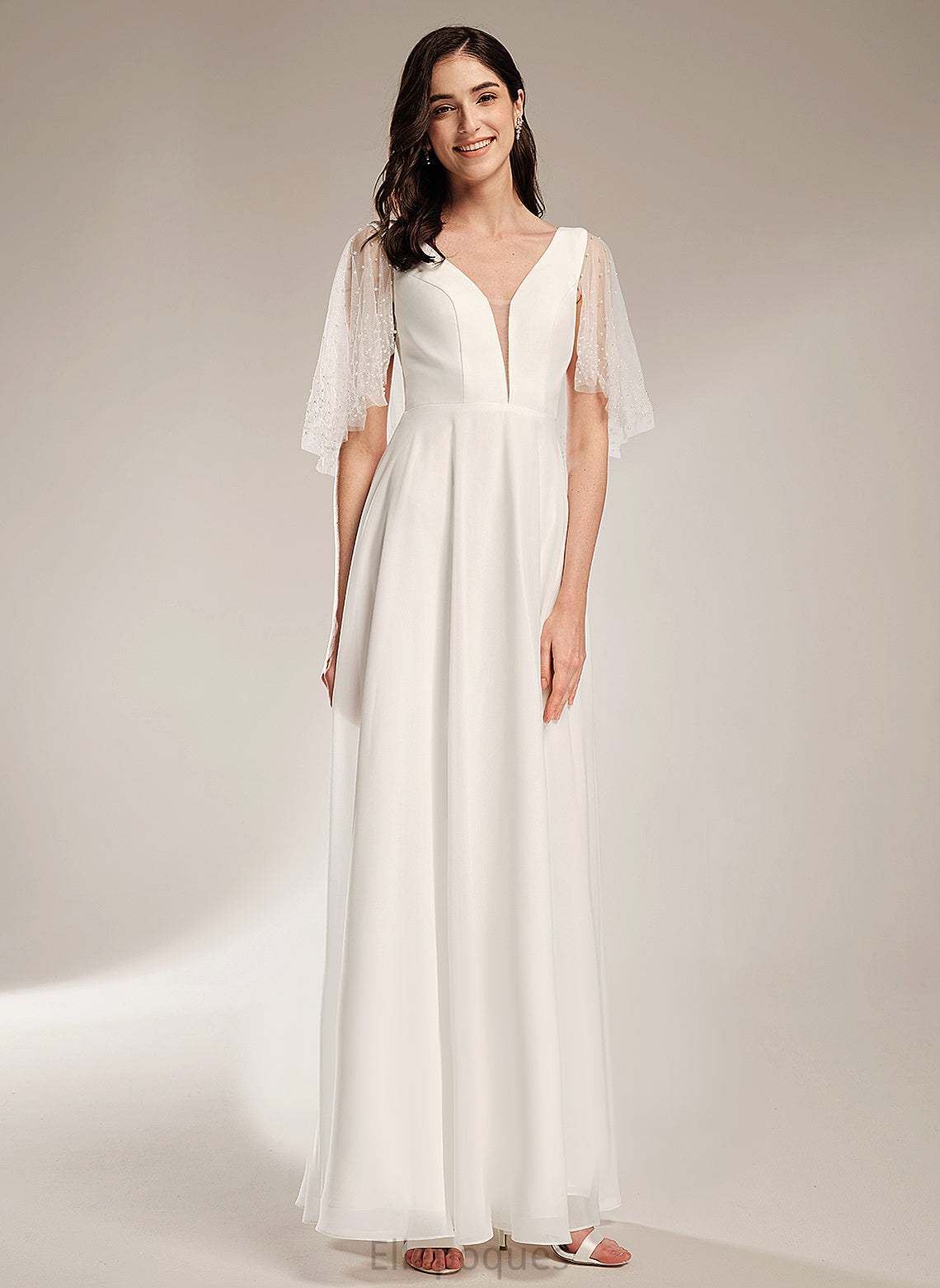 V-neck Floor-Length Wedding A-Line Dress Iyana Wedding Dresses Beading With Chiffon