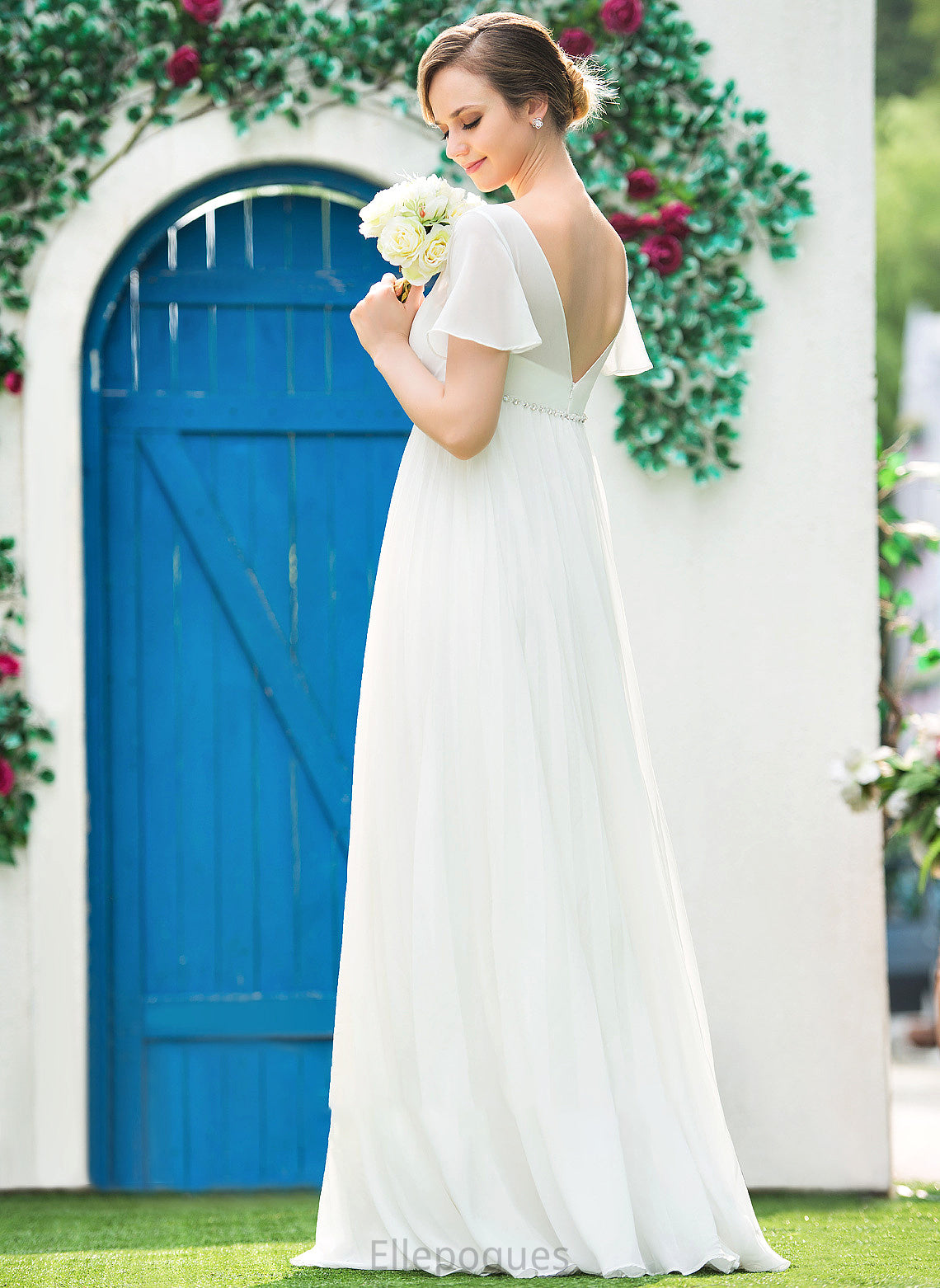 Floor-Length Beading Julissa Wedding With Pleated Wedding Dresses V-neck Chiffon Dress Empire