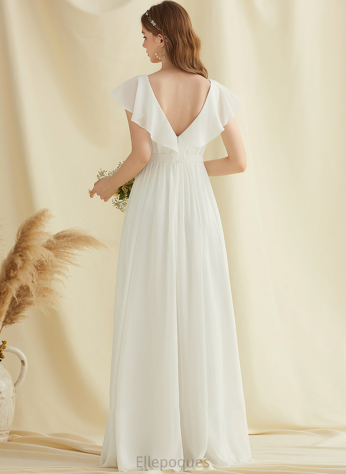 Split Front Floor-Length A-Line Dress Chiffon Ruffles Wedding Mariah With V-neck Wedding Dresses Cascading