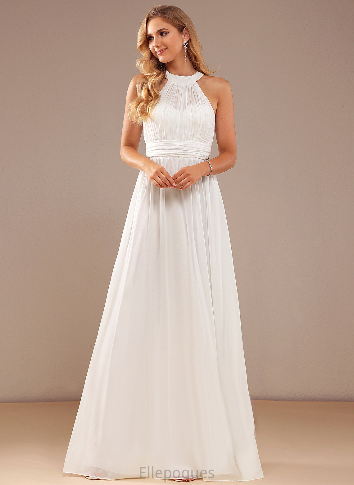 Wedding High Elyse A-Line Wedding Dresses Dress With Ruffle Neck Floor-Length Chiffon