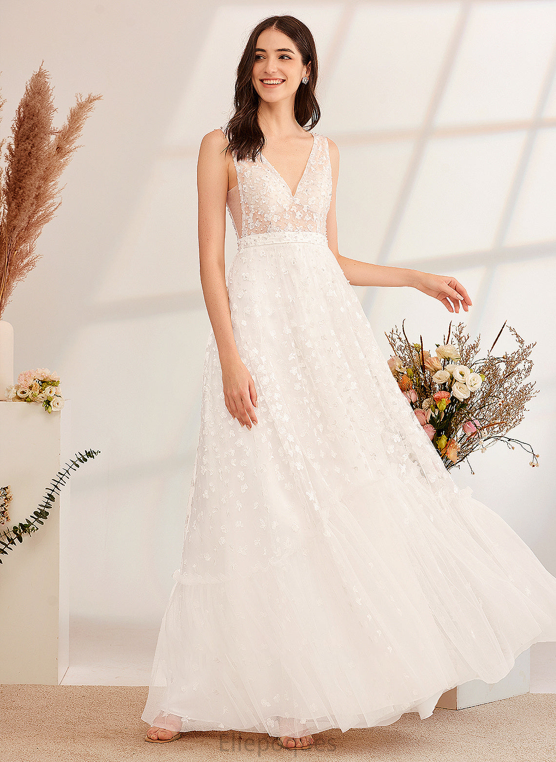 Jaden Beading Wedding Dresses Sequins Dress Wedding Floor-Length V-neck With A-Line