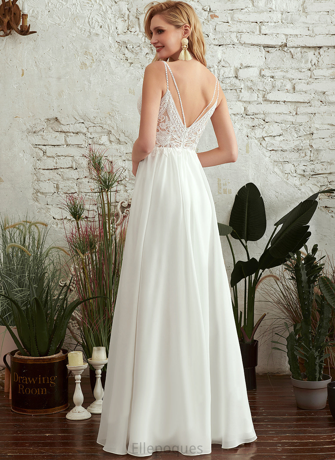 Dress Chiffon Wedding Dresses Beading Lace V-neck Roselyn A-Line Wedding Floor-Length With