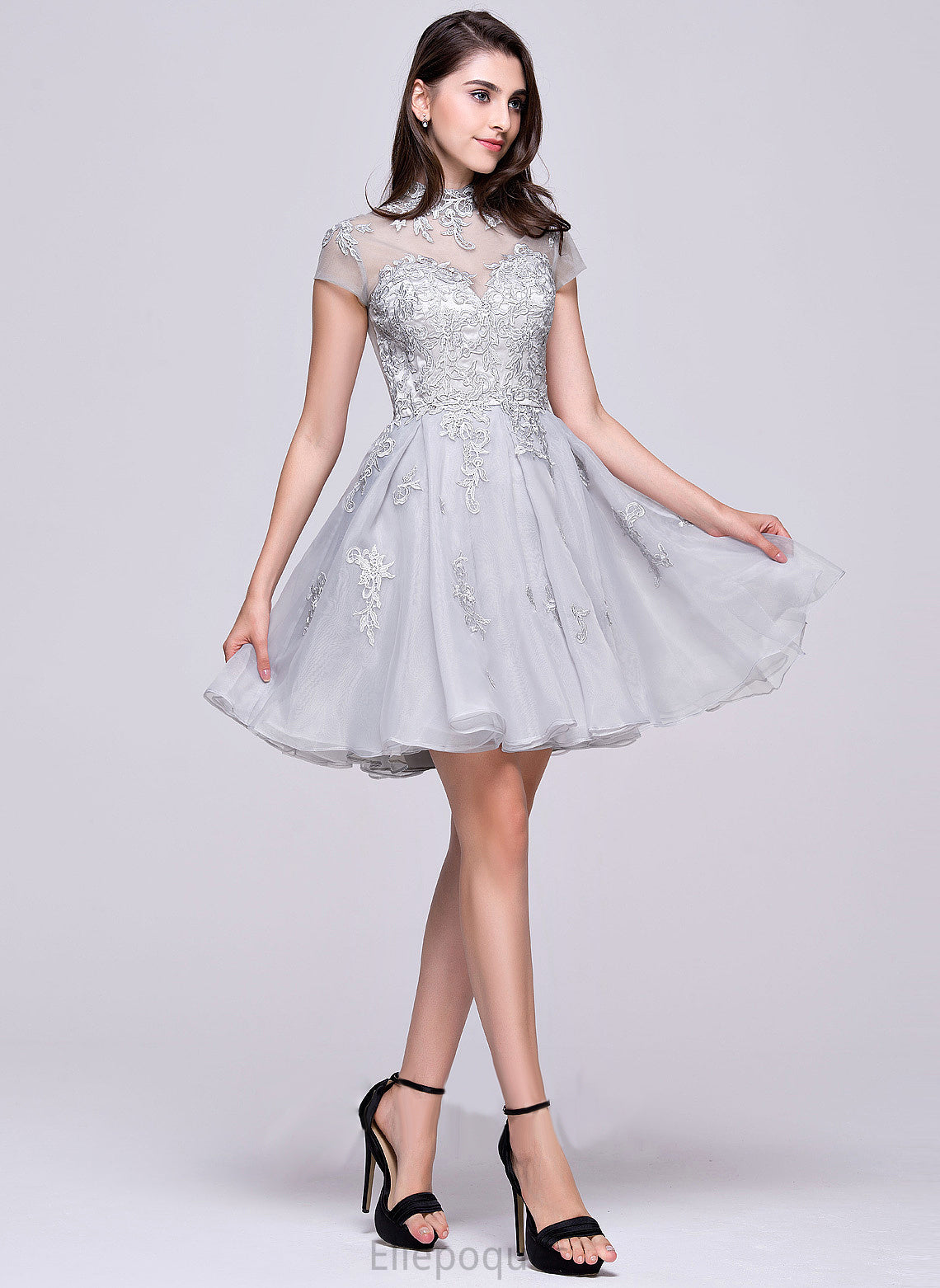 Homecoming Tulle Organza Short/Mini Lace Leticia A-Line With Appliques Neck High Homecoming Dresses Lace Dress