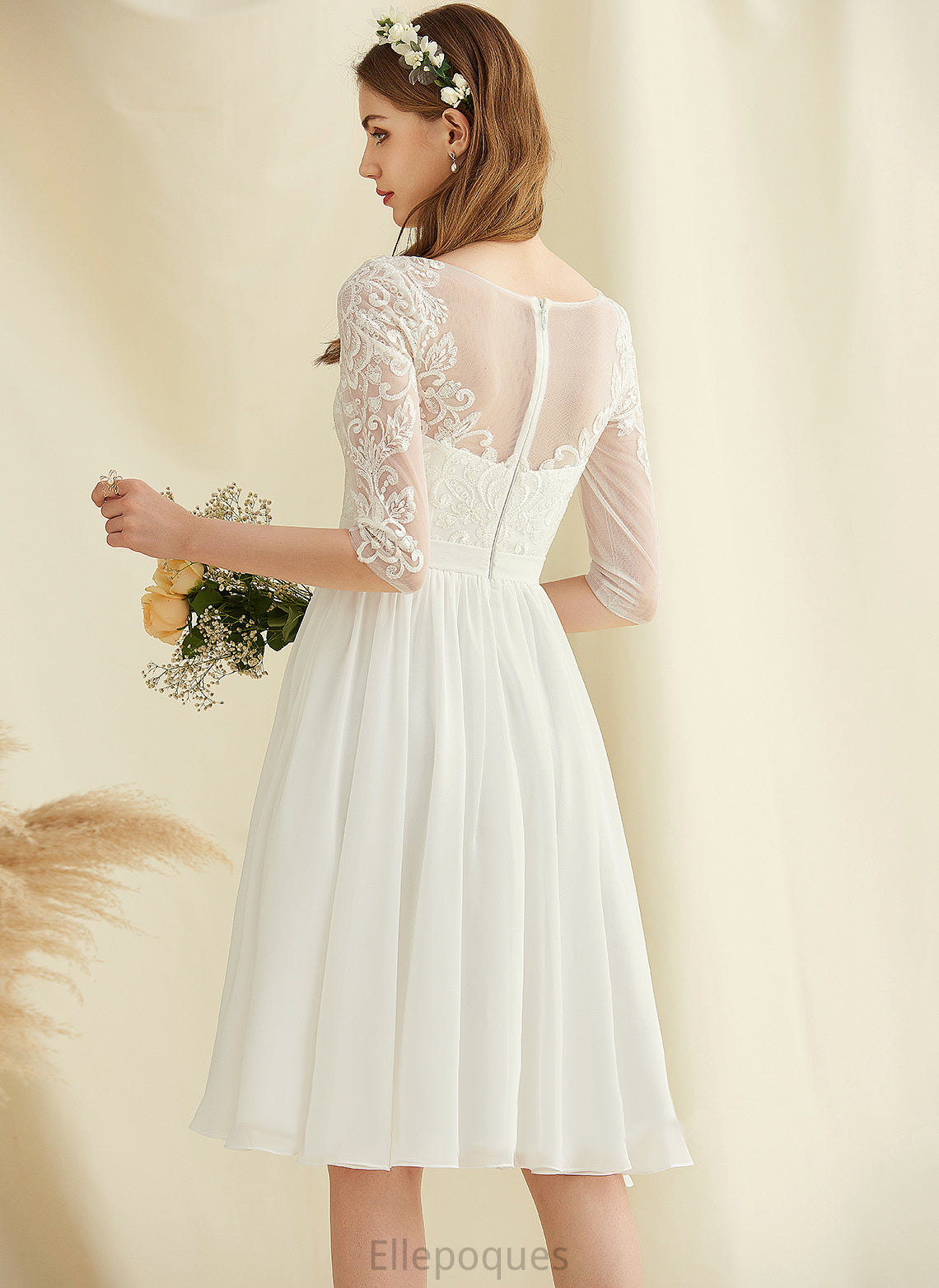 Knee-Length Dress Wedding With Lace A-Line Chiffon Sequins Wedding Dresses Cherish Scoop Neck