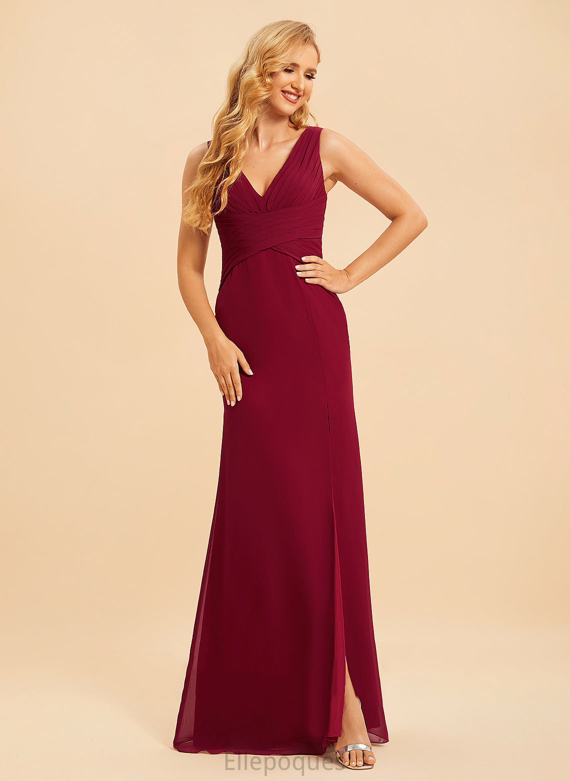 SplitFront Neckline Trumpet/Mermaid V-neck Fabric Silhouette Embellishment Length Floor-Length Elyse A-Line/Princess Sleeveless Bridesmaid Dresses