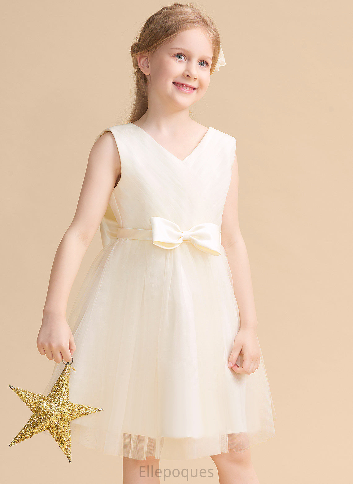 Tulle Flower Girl Dresses - Sleeveless Dress V-neck Bow(s) A-Line Girl With Mattie Flower Knee-length