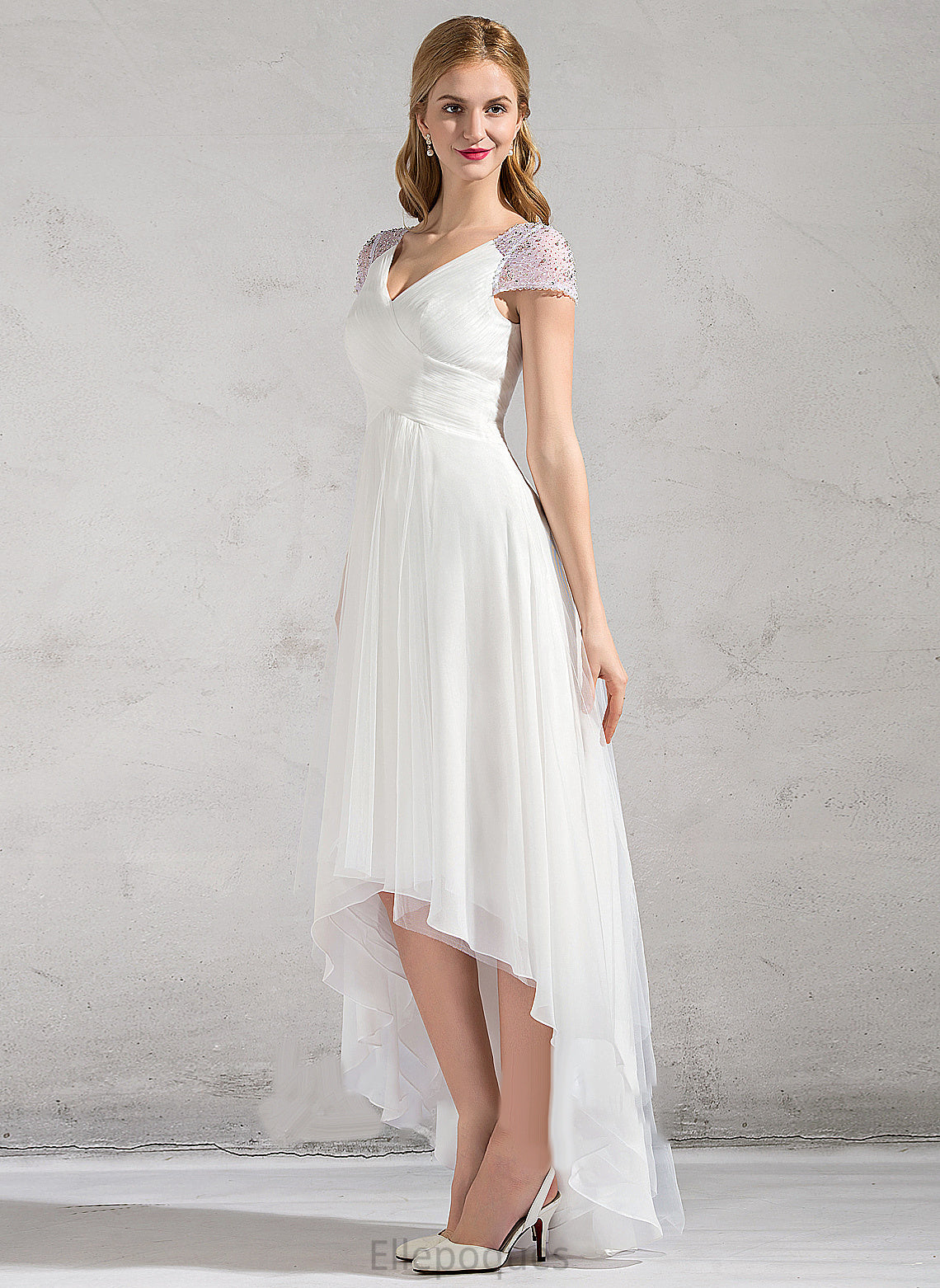 Samara Tulle Dress A-Line Wedding Dresses Ruffle Beading Sequins Wedding With V-neck Asymmetrical