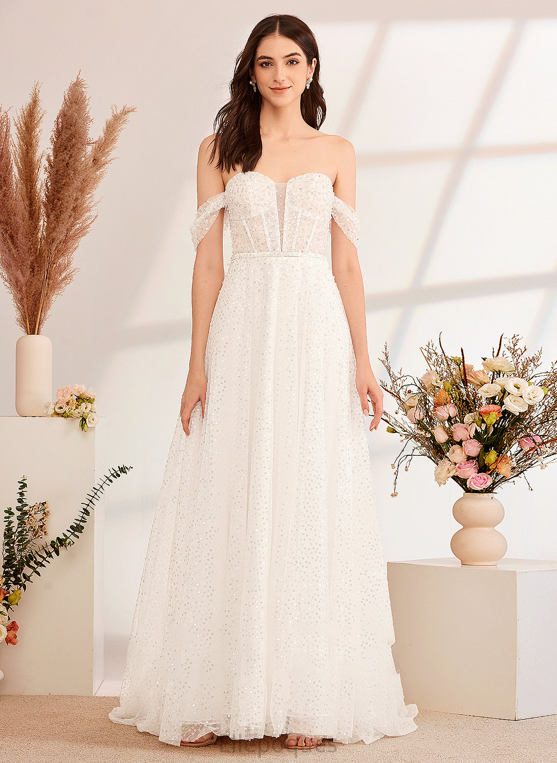 A-Line With Off-the-Shoulder Dress Valery Wedding Dresses Sweep Train Wedding Sequins