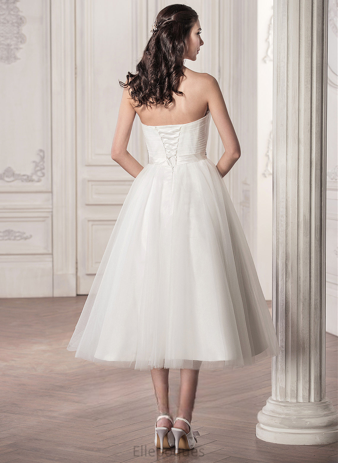 Tulle Sweetheart Satin Ruffle Wedding Wedding Dresses Tea-Length Dress With Sequins Amy A-Line Beading