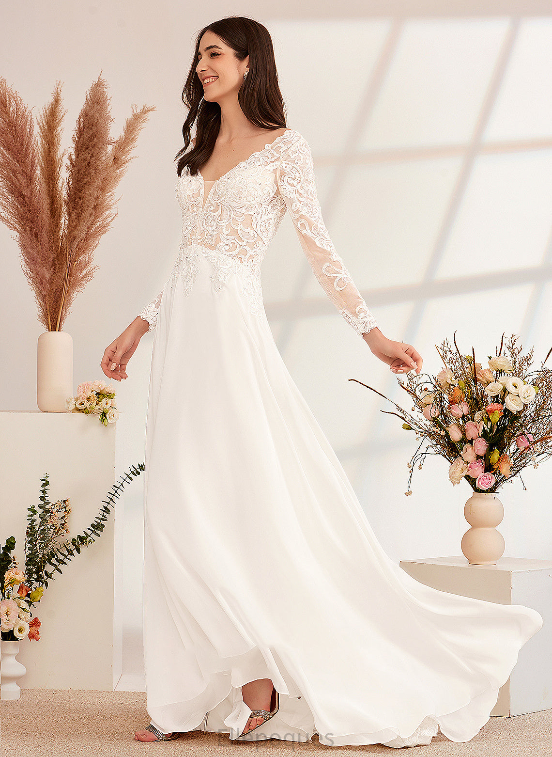 Sweep Beading A-Line Journey V-neck Train Dress Wedding With Wedding Dresses