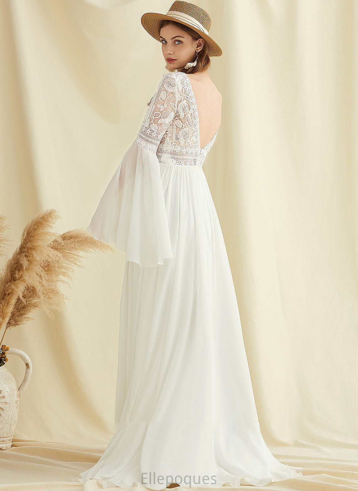 Dress Split Winifred V-neck Front Train Sweep Wedding Dresses With Chiffon Lace Wedding A-Line