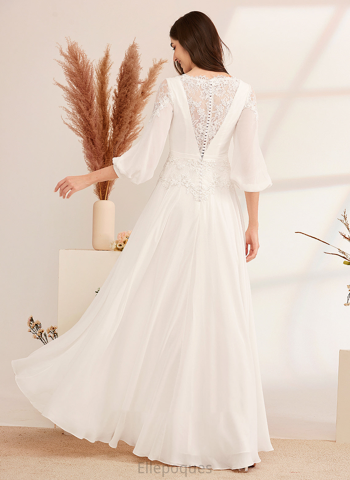 With Wedding A-Line Ella Floor-Length V-neck Lace Wedding Dresses Dress