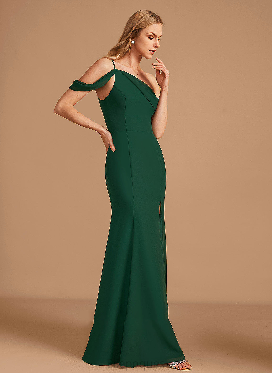 One-Shoulder Embellishment Silhouette Length Trumpet/Mermaid Fabric SplitFront Neckline Floor-Length Gabriella Natural Waist Spandex Bridesmaid Dresses