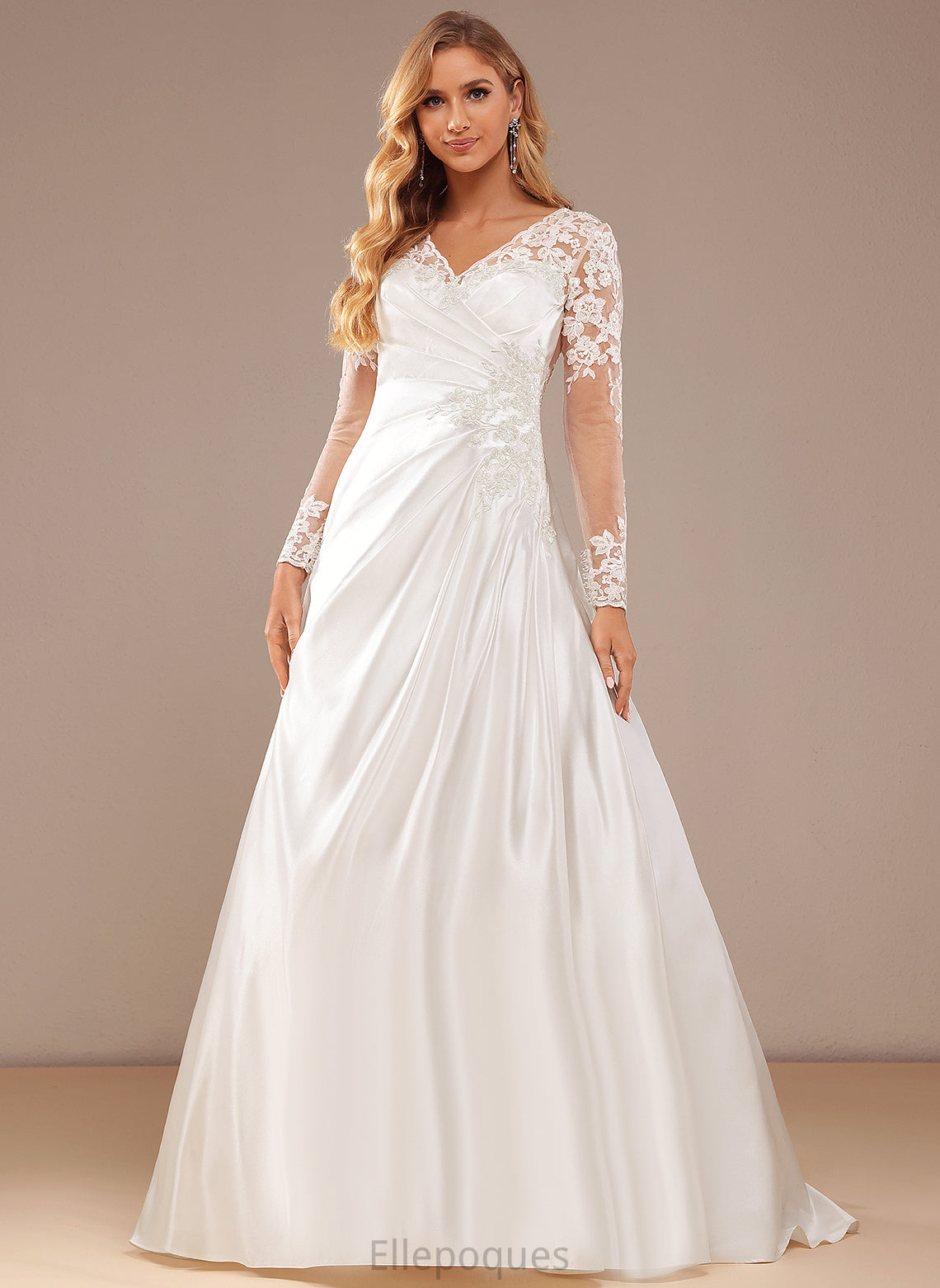 Wedding Dress A-Line Court V-neck With Train Lace Satin Sequins Lace Maria Wedding Dresses